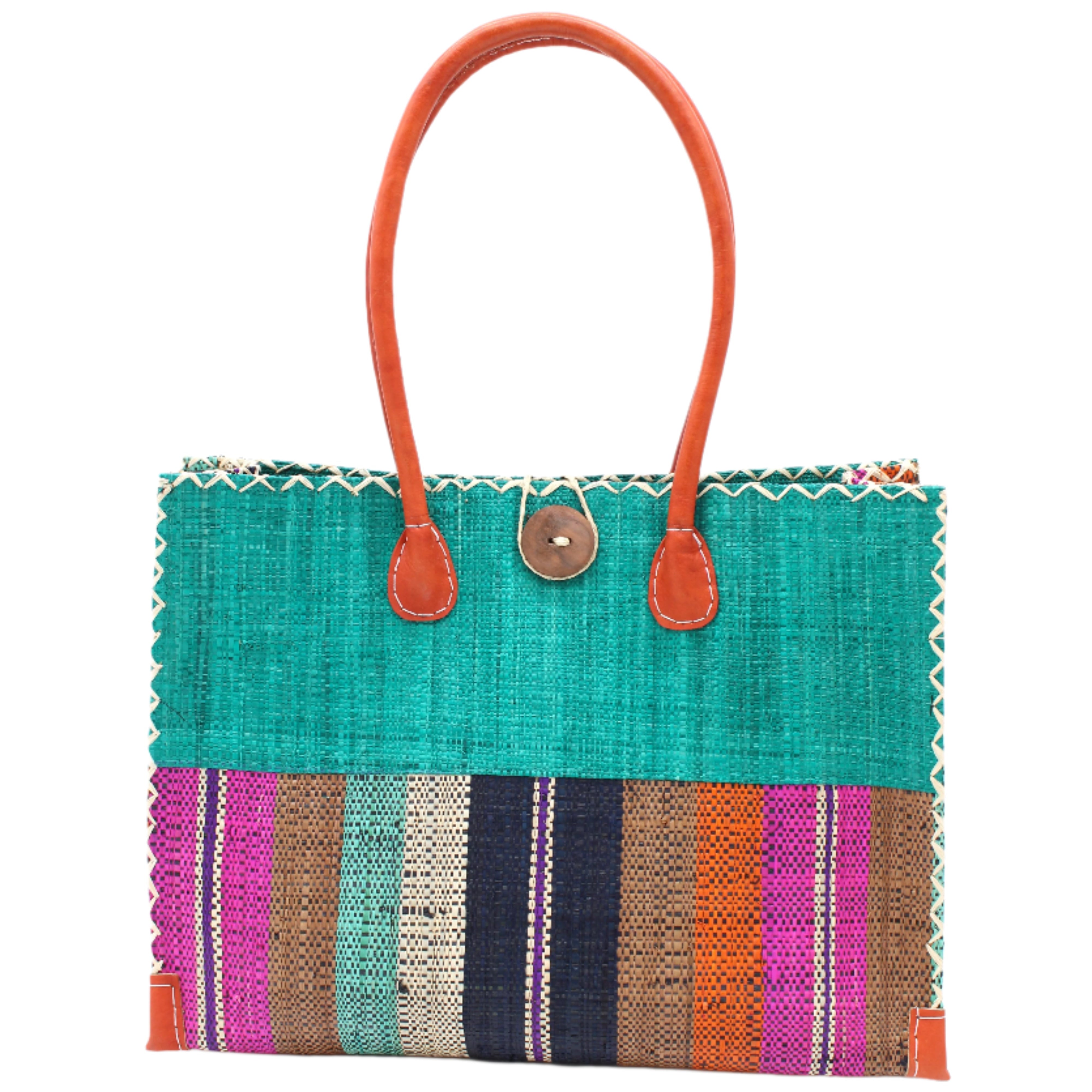 Zafran Two Tone Wide Stripe Revel Swirl Straw Beach Bag handmade loomed raffia palm fiber in a solid hue of Teal dark/blue/green on the top half of the bag and a multicolor multi-width vertical stripe pattern of black, cinnamon tobacco/dark/brown, teal, coral orange/red, fuchsia hot/bright/barbie/pink, and natural straw color on the bottom half of the bag with leather handles and feet and matching crosshatch stitch edging shoulder bag - Shebobo