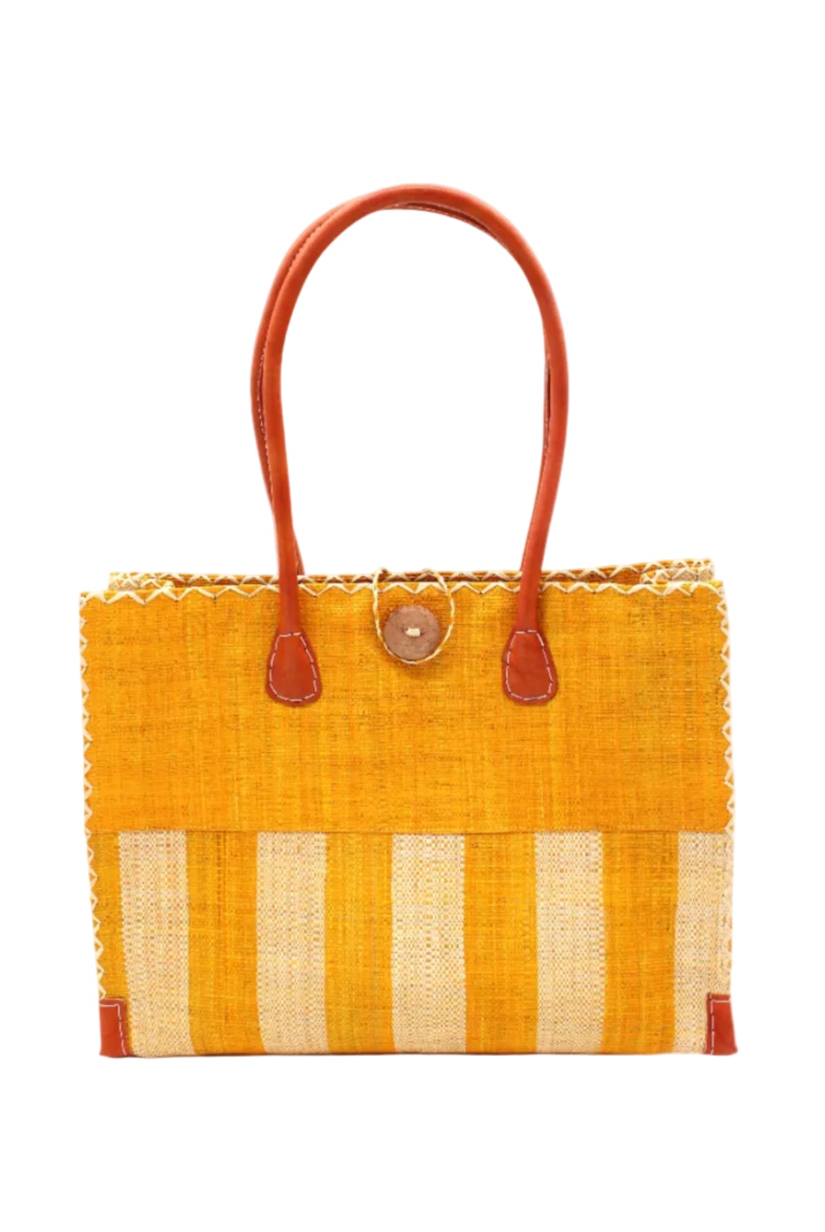 Zafran Two Tone Wide Stripe Saffron and Natural Straw Beach Bag handmade loomed raffia palm fiber in a solid hue of saffron yellow/orange on the top half of the bag and a two tone even width vertical wide stripe pattern of saffron and natural straw color on the bottom half of the bag with leather handles and feet and matching crosshatch stitch edging shoulder bag - Shebobo