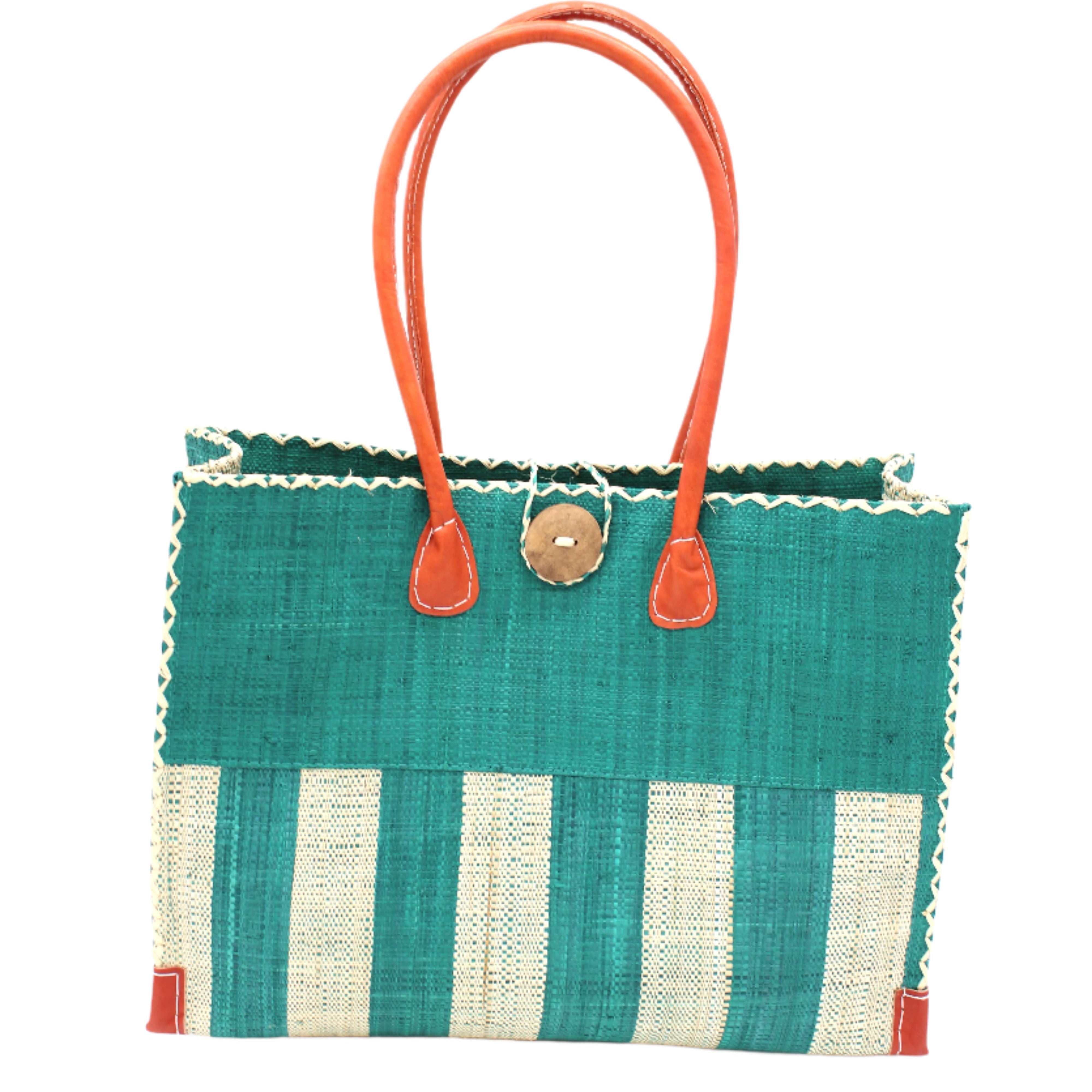 Zafran Two Tone Wide Stripe Teal and Natural Straw Beach Bag handmade loomed raffia palm fiber in a solid hue of teal dark/blue/green on the top half of the bag and a two tone even width vertical wide stripe pattern of teal and natural straw color on the bottom half of the bag with leather handles and feet and matching crosshatch stitch edging shoulder bag - Shebobo