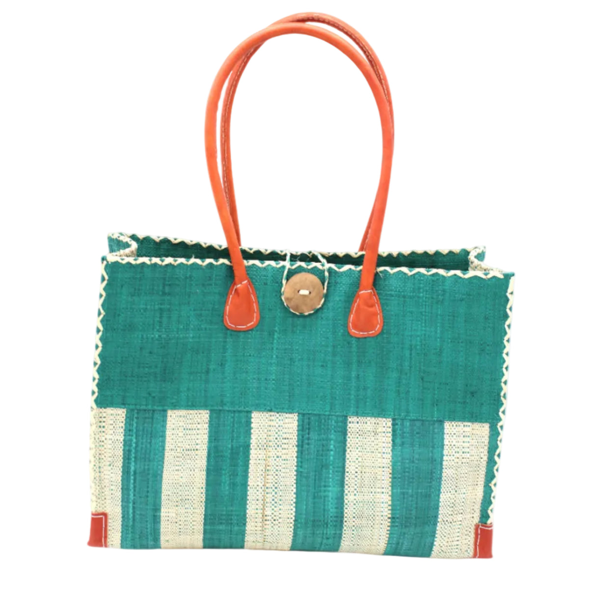 Zafran Two Tone Wide Stripe Teal and Natural Straw Beach Bag handmade loomed raffia palm fiber in a solid hue of teal dark/blue/green on the top half of the bag and a two tone even width vertical wide stripe pattern of teal and natural straw color on the bottom half of the bag with leather handles and feet and matching crosshatch stitch edging shoulder bag - Shebobo
