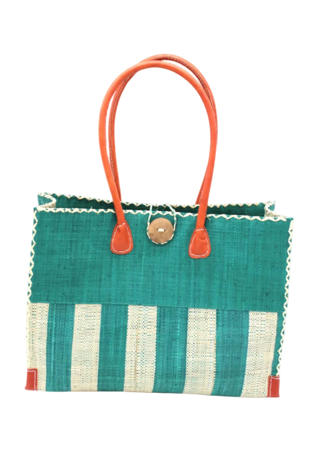 Zafran Two Tone Wide Stripe Teal and Natural Straw Beach Bag handmade loomed raffia palm fiber in a solid hue of teal dark/blue/green on the top half of the bag and a two tone even width vertical wide stripe pattern of teal and natural straw color on the bottom half of the bag with leather handles and feet and matching crosshatch stitch edging shoulder bag - Shebobo