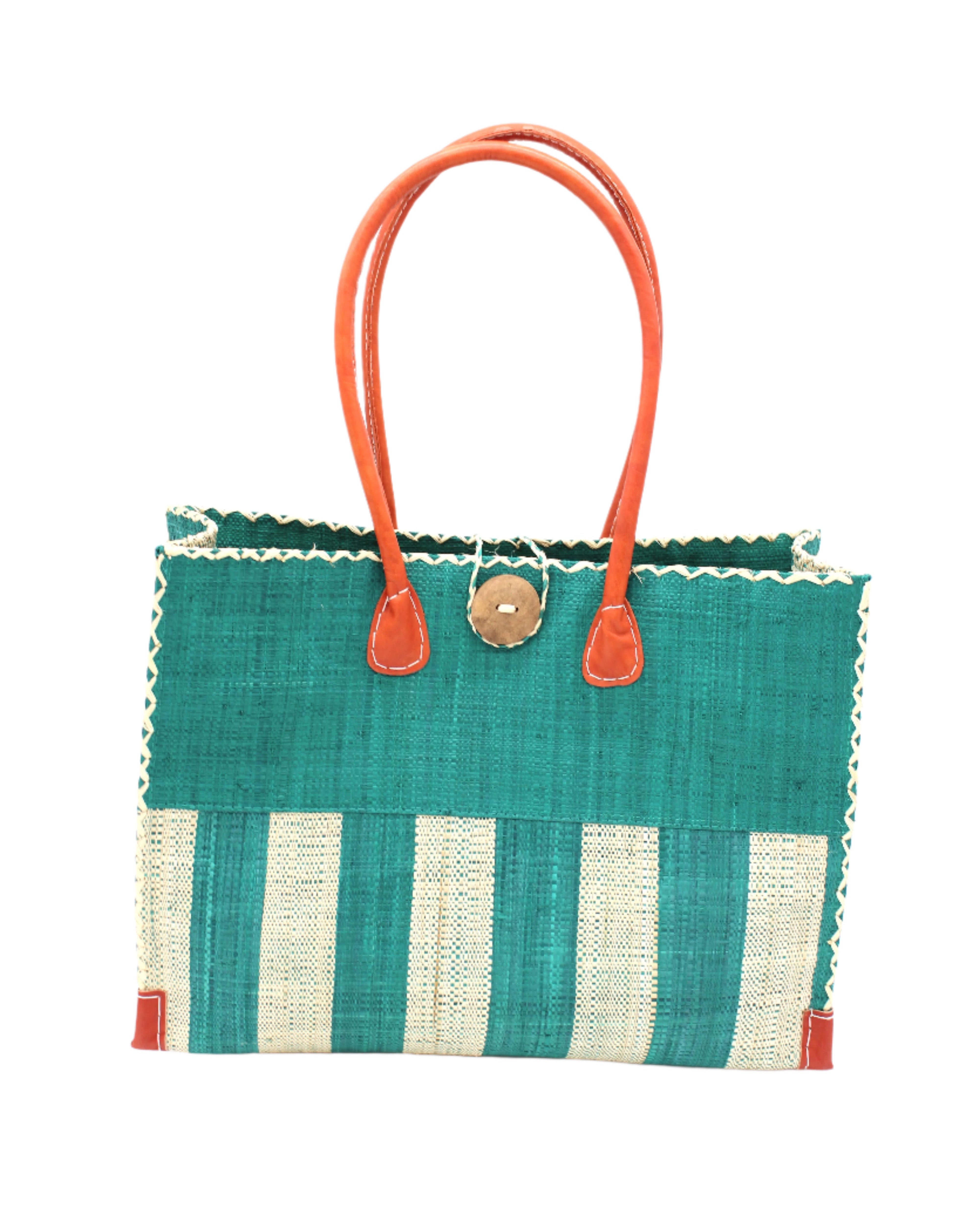 Zafran Two Tone Wide Stripe Teal and Natural Straw Beach Bag handmade loomed raffia palm fiber in a solid hue of teal dark/blue/green on the top half of the bag and a two tone even width vertical wide stripe pattern of teal and natural straw color on the bottom half of the bag with leather handles and feet and matching crosshatch stitch edging shoulder bag - Shebobo