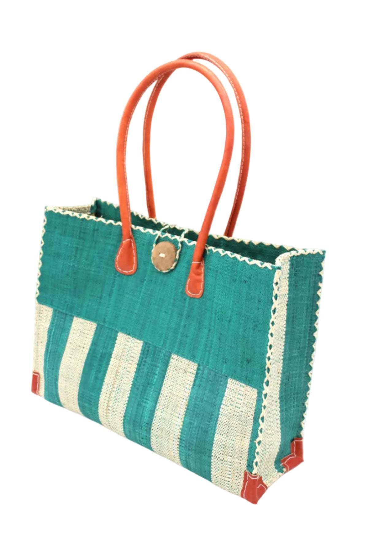Side view Zafran Two Tone Wide Stripe Teal and Natural Straw Beach Bag handmade loomed raffia palm fiber in a solid hue of teal dark/blue/green on the top half of the bag and a two tone even width vertical wide stripe pattern of teal and natural straw color on the bottom half of the bag with leather handles and feet and matching crosshatch stitch edging shoulder bag - Shebobo