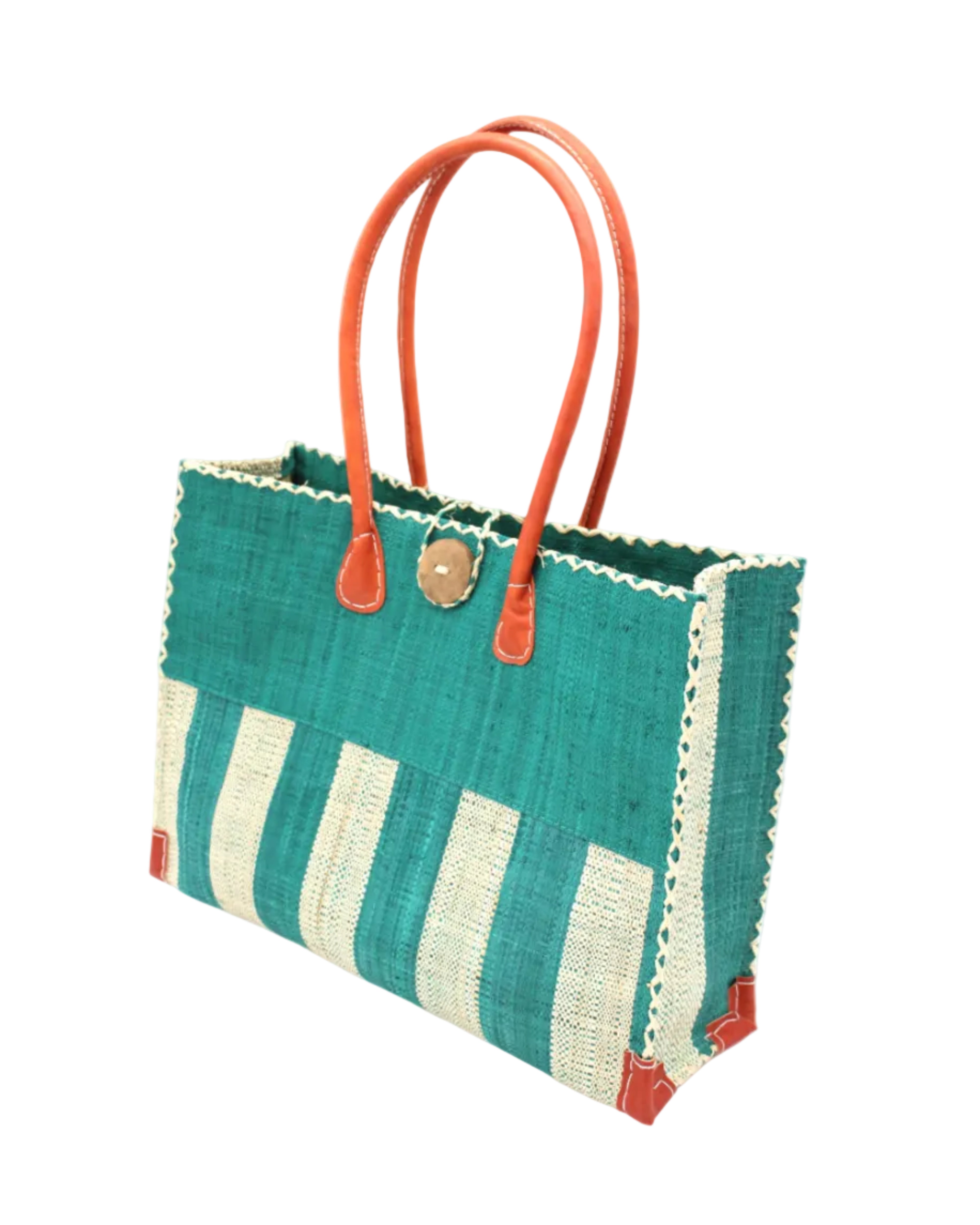 Side view Zafran Two Tone Wide Stripe Teal and Natural Straw Beach Bag handmade loomed raffia palm fiber in a solid hue of teal dark/blue/green on the top half of the bag and a two tone even width vertical wide stripe pattern of teal and natural straw color on the bottom half of the bag with leather handles and feet and matching crosshatch stitch edging shoulder bag - Shebobo