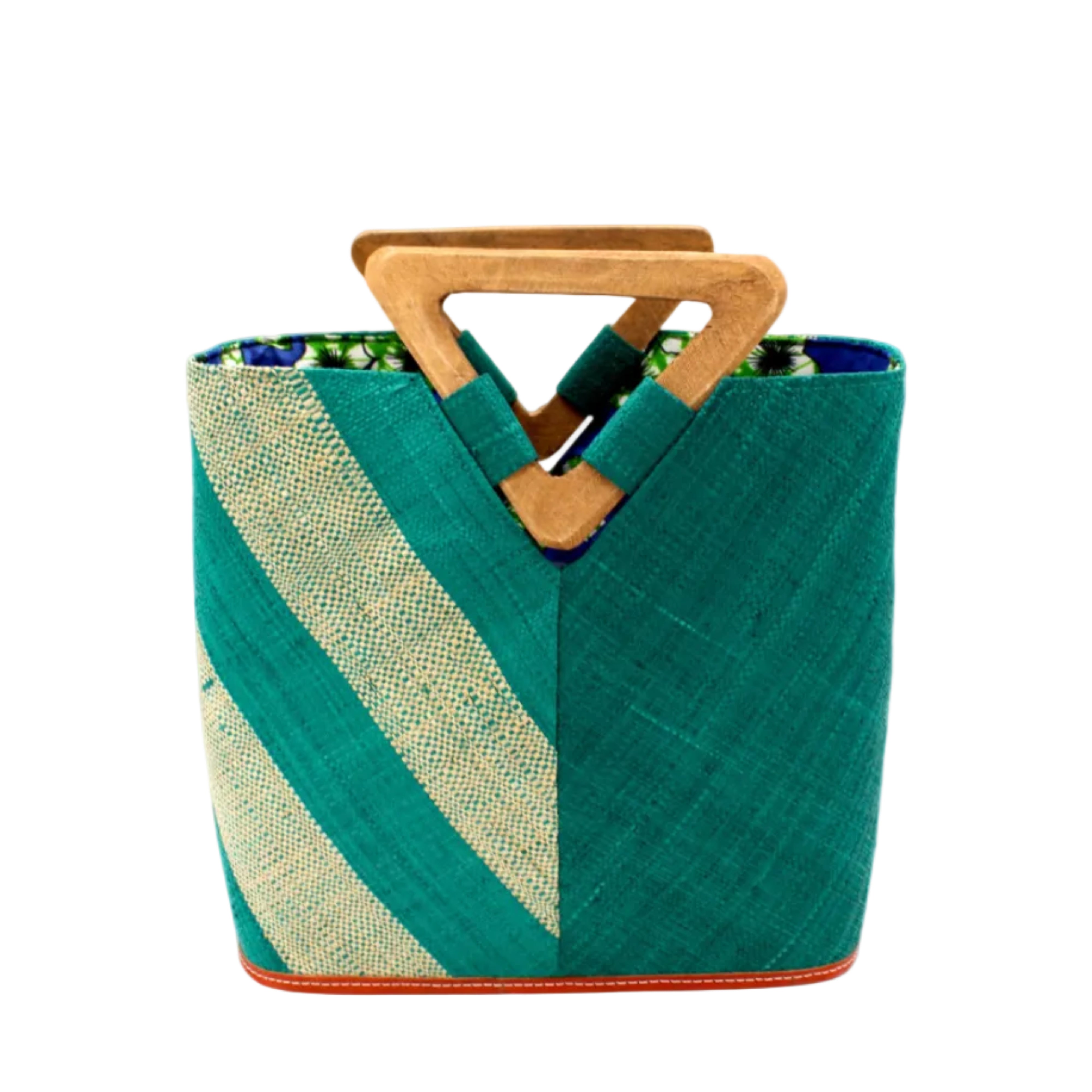 Zuki Two Tone Teal Straw Handbag With Wood Triangle Handle handmade loomed raffia palm fiber in a two tone pattern with the left half of the bag even width stripes of teal dark/blue/green and natural straw color oriented as a diagonal stripe and the right half of the bag a solid hue of teal with carved wood handles - Shebobo