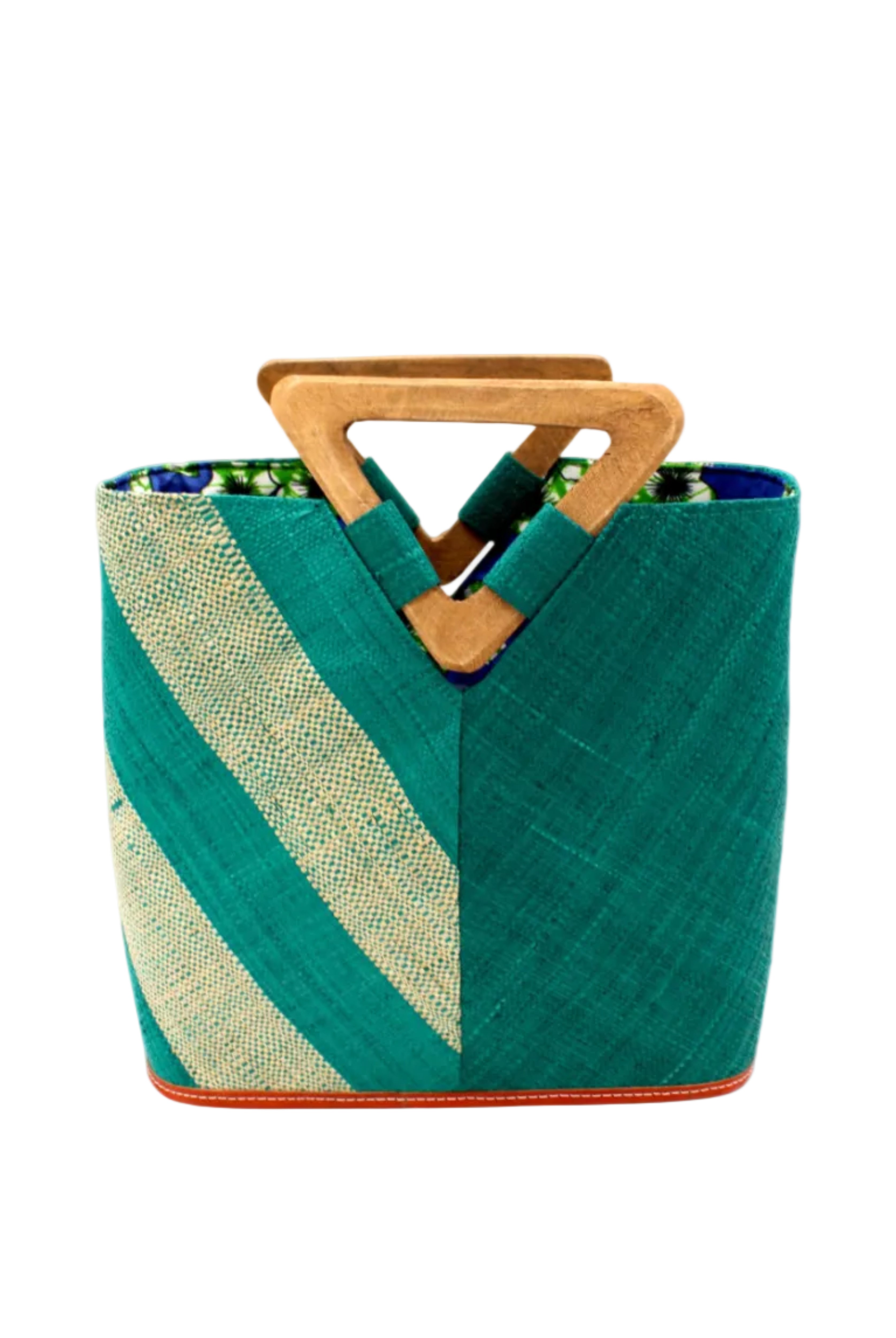 Zuki Two Tone Teal Straw Handbag With Wood Triangle Handle handmade loomed raffia palm fiber in a two tone pattern with the left half of the bag even width stripes of teal dark/blue/green and natural straw color oriented as a diagonal stripe and the right half of the bag a solid hue of teal with carved wood handles - Shebobo