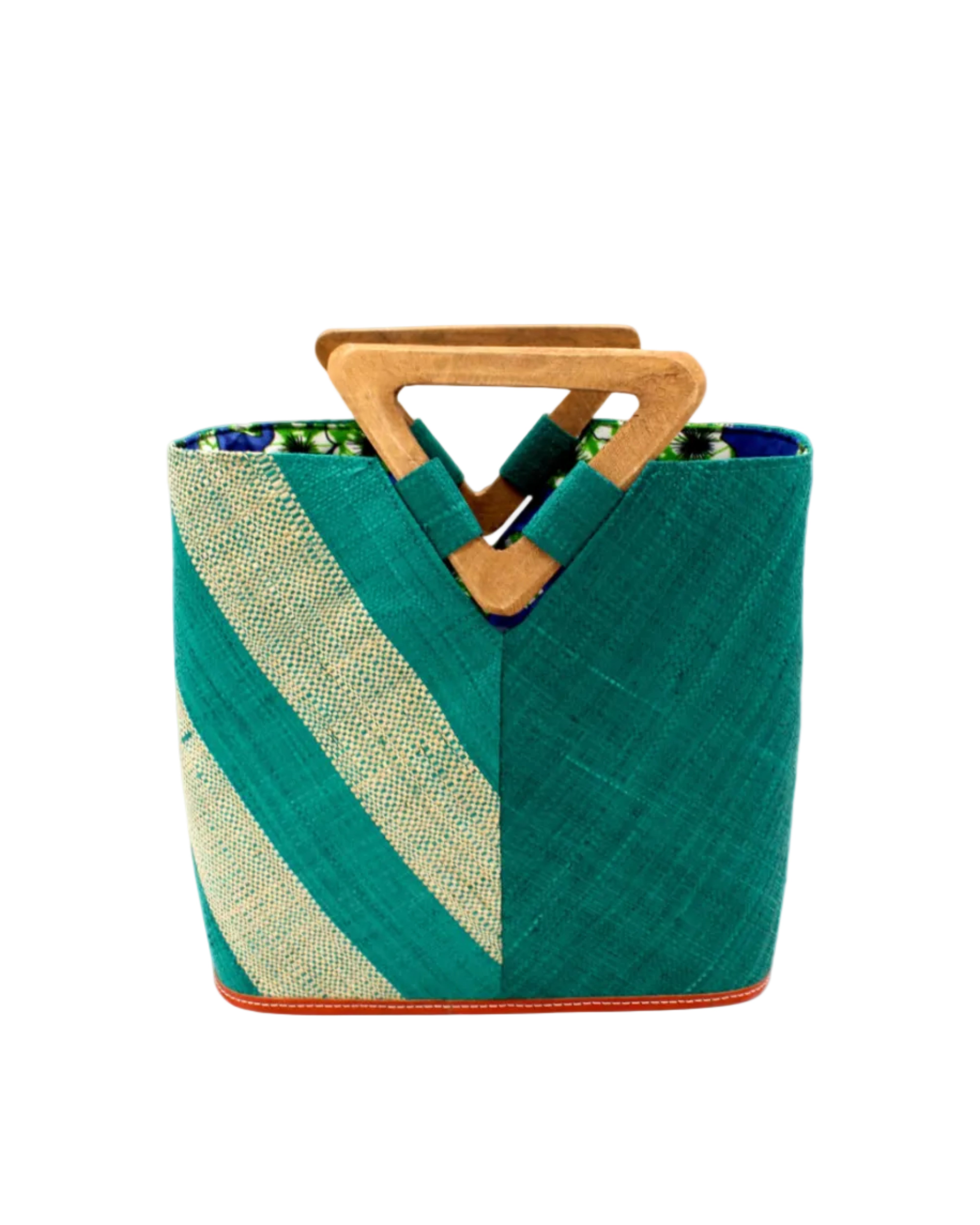 Zuki Two Tone Teal Straw Handbag With Wood Triangle Handle handmade loomed raffia palm fiber in a two tone pattern with the left half of the bag even width stripes of teal dark/blue/green and natural straw color oriented as a diagonal stripe and the right half of the bag a solid hue of teal with carved wood handles - Shebobo