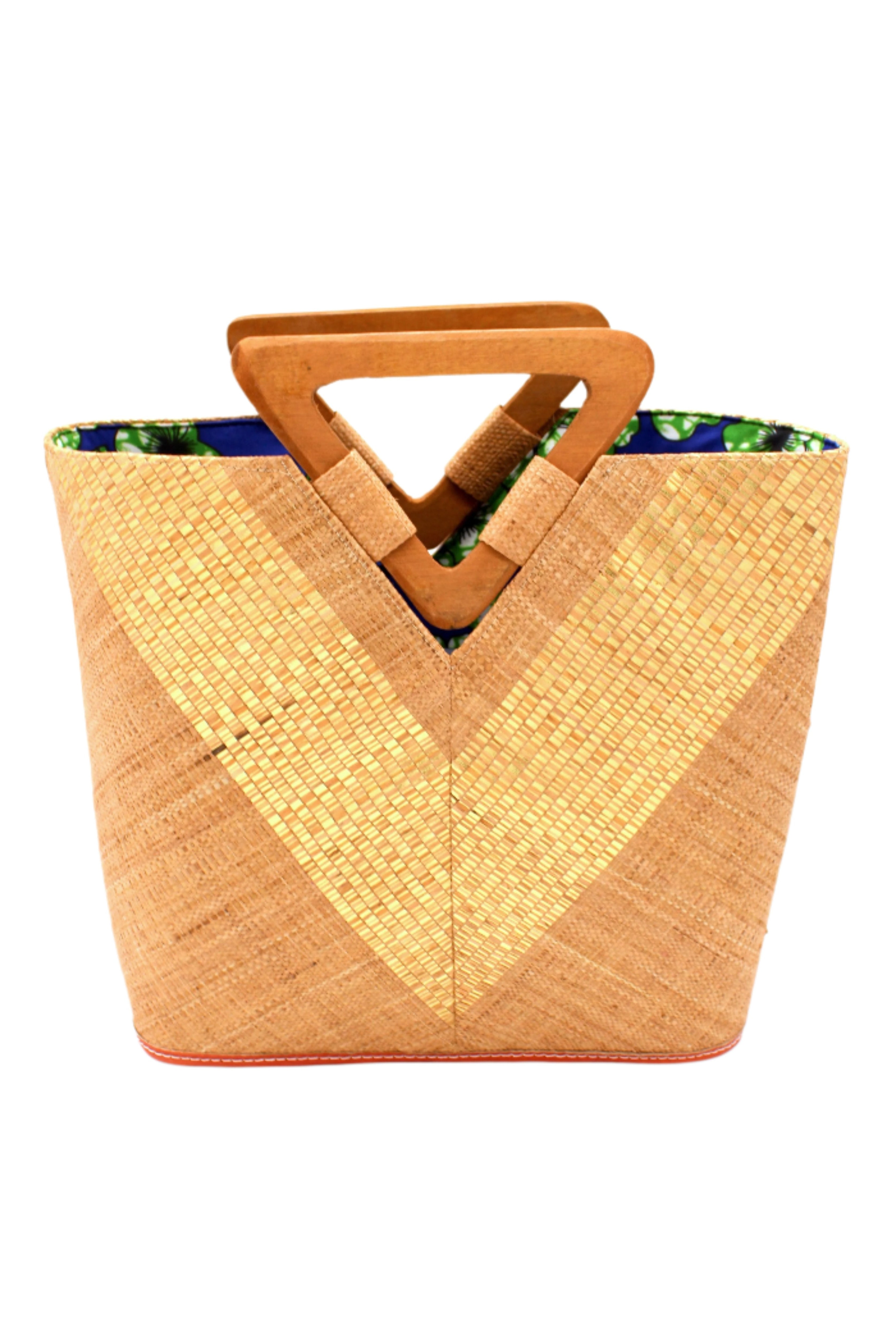 Zuki Wynwood Cappuccino Straw Handbag with Metallic Detailing & Wood Triangle Handle handmade loomed raffia palm fiber in a solid hue of cappuccino light/brown/beige with incorporated vegan leather gold metallic strands in a V pattern across the front and back of the bag with assorted print African wax cloth liners and carved wooden triangle handle purse - Shebobo