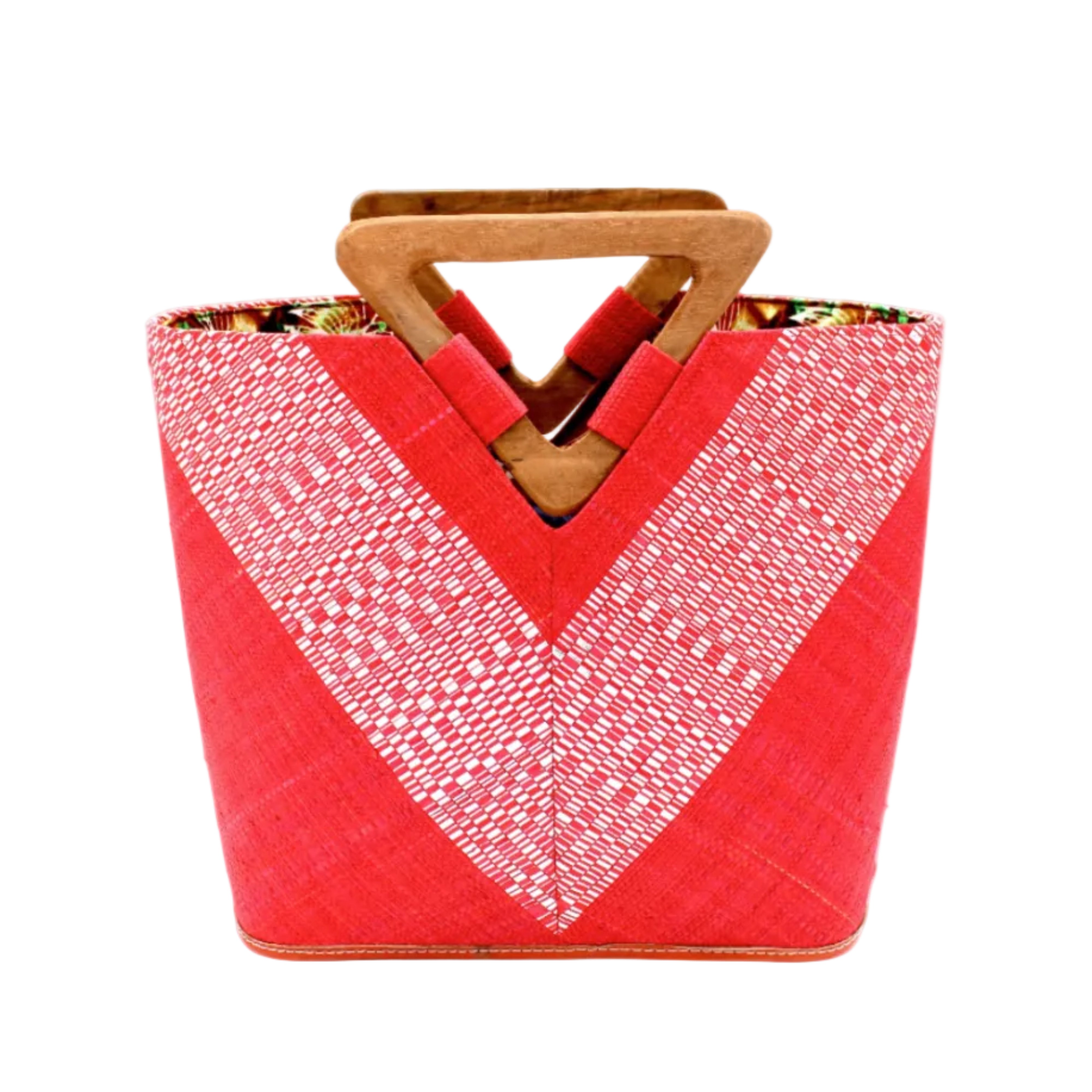 Zuki Wynwood Red Straw Handbag with Metallic Detailing & Wood Triangle Handle handmade loomed raffia palm fiber in a solid hue of red with incorporated vegan leather silver metallic strands in a V pattern across the front and back of the bag with assorted print African wax cloth liners and carved wooden triangle handle purse - Shebobo