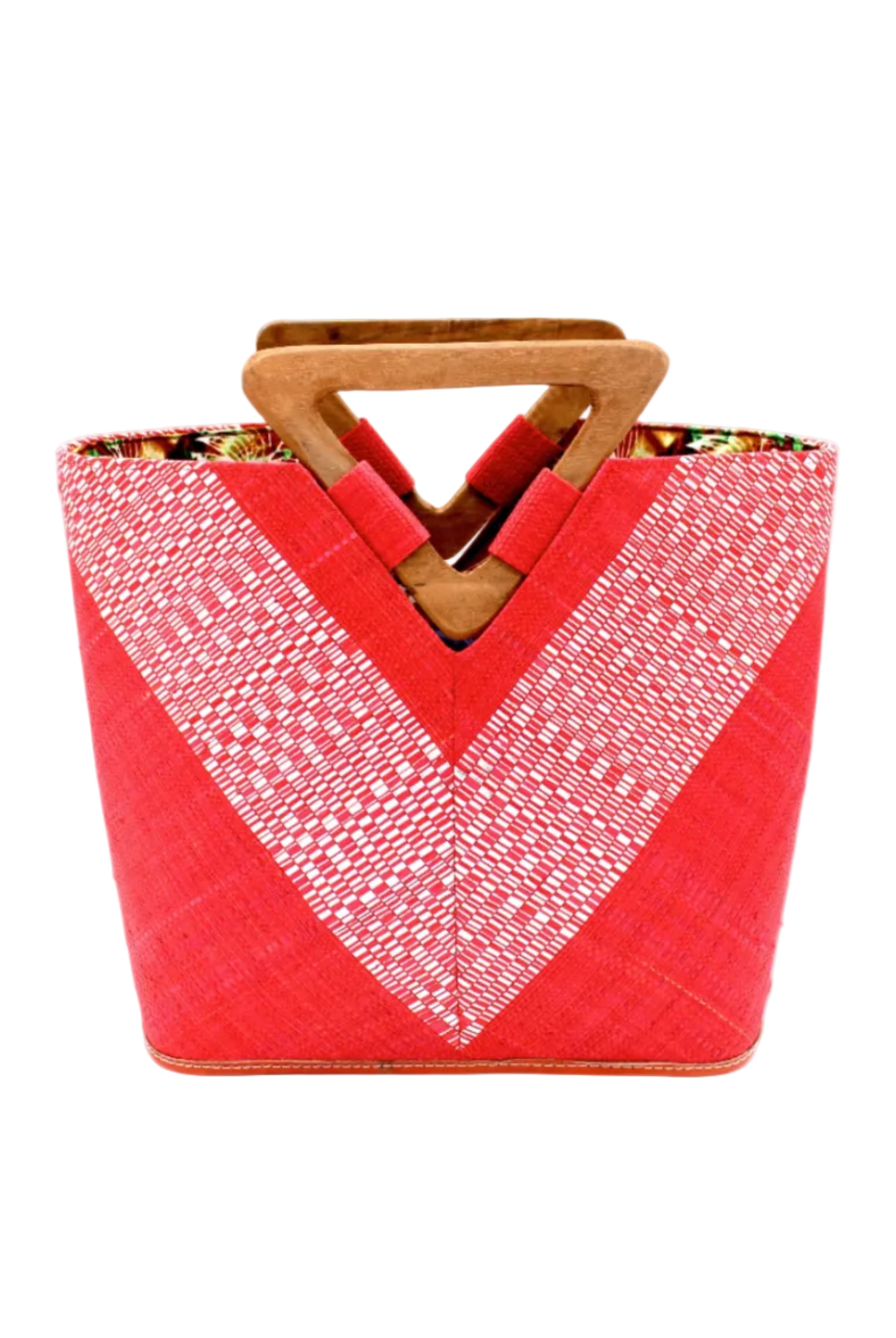 Zuki Wynwood Red Straw Handbag with Metallic Detailing & Wood Triangle Handle handmade loomed raffia palm fiber in a solid hue of red with incorporated vegan leather silver metallic strands in a V pattern across the front and back of the bag with assorted print African wax cloth liners and carved wooden triangle handle purse - Shebobo
