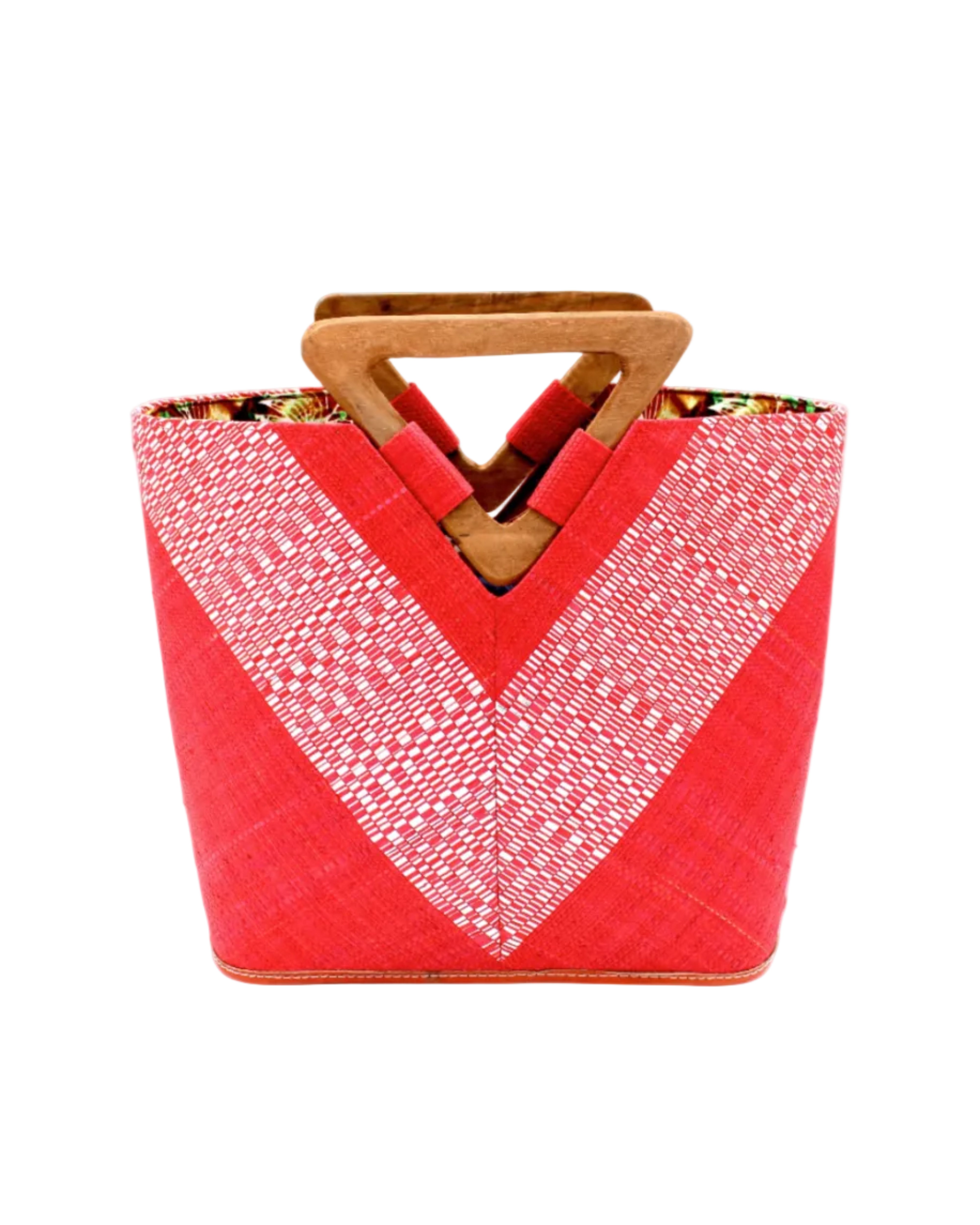 Zuki Wynwood Red Straw Handbag with Metallic Detailing & Wood Triangle Handle handmade loomed raffia palm fiber in a solid hue of red with incorporated vegan leather silver metallic strands in a V pattern across the front and back of the bag with assorted print African wax cloth liners and carved wooden triangle handle purse - Shebobo