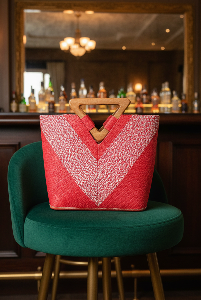 Lifestyle view Zuki Wynwood Red Straw Handbag with Metallic Detailing & Wood Triangle Handle handmade loomed raffia palm fiber in a solid hue of red with incorporated vegan leather silver metallic strands in a V pattern across the front and back of the bag with assorted print African wax cloth liners and carved wooden triangle handle purse - Shebobo