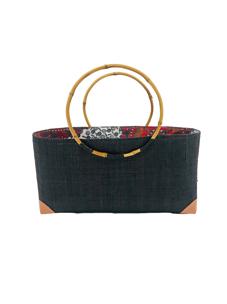 Bebe black raffia straw handbag purse African print fabric bamboo handles - Shebobo