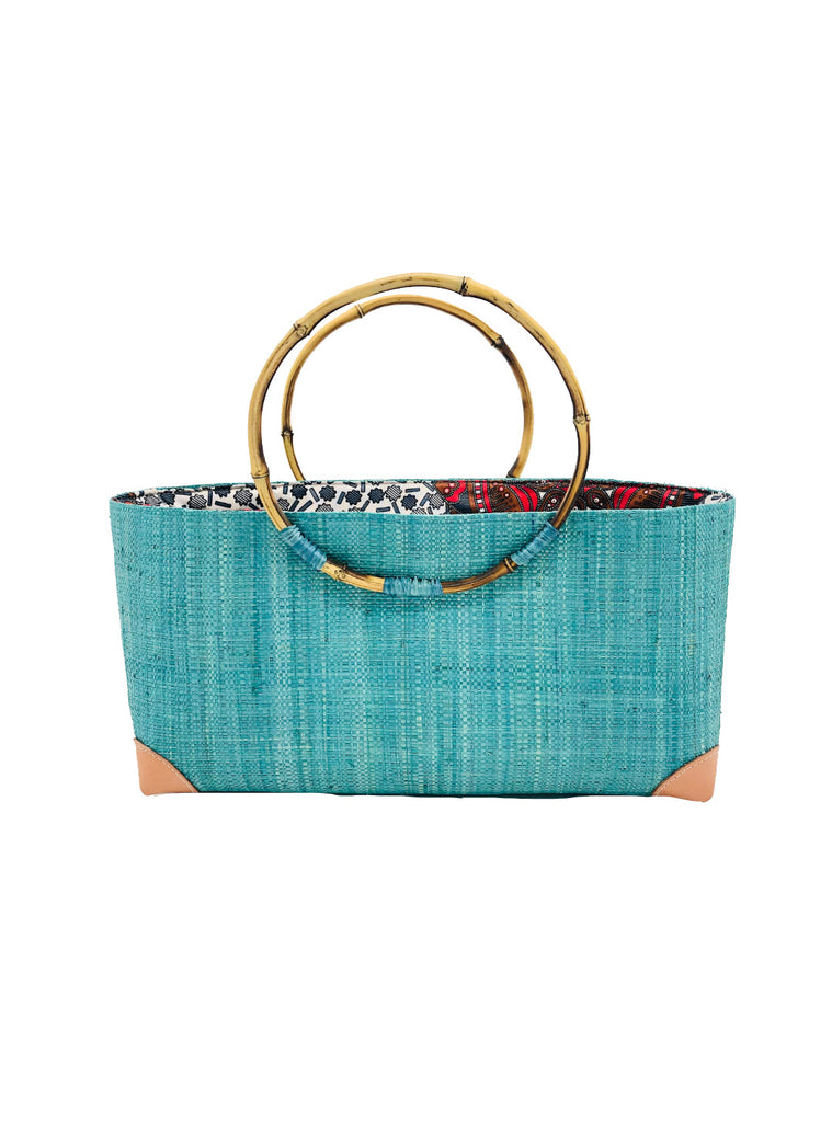 Bebe turquoise/blue/teal raffia straw handbag purse African print fabric bamboo handles - Shebobo