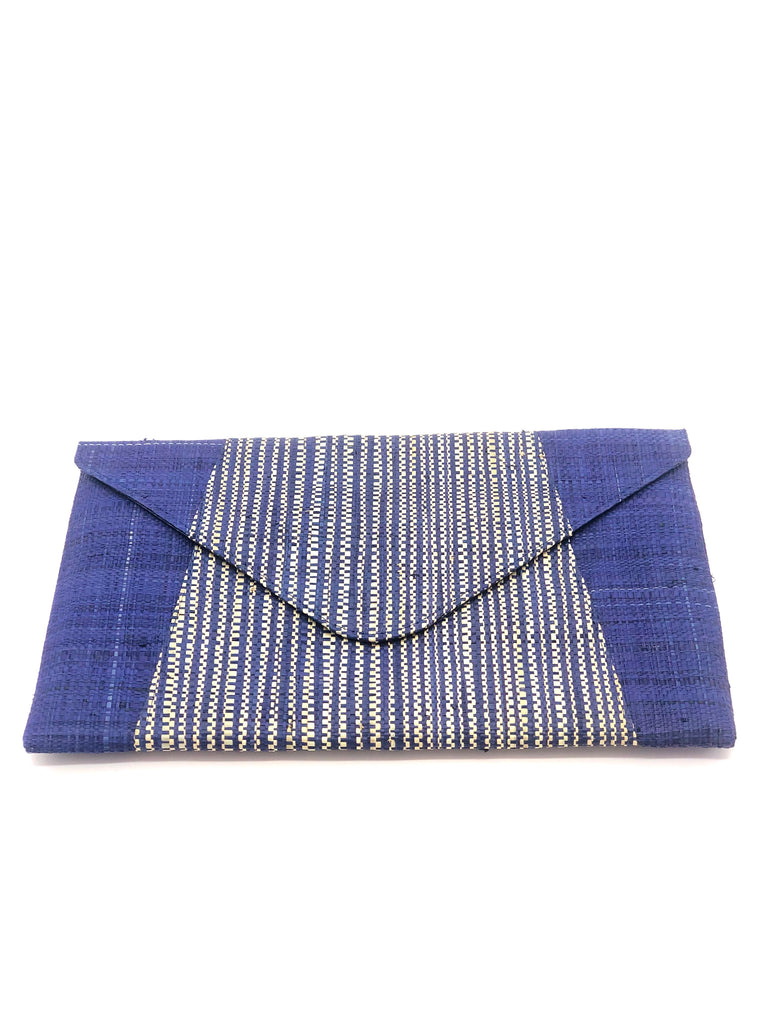 Belvedere envelope clutch solid navy blue color and natural/blue melange pattern raffia straw purse - Shebobo