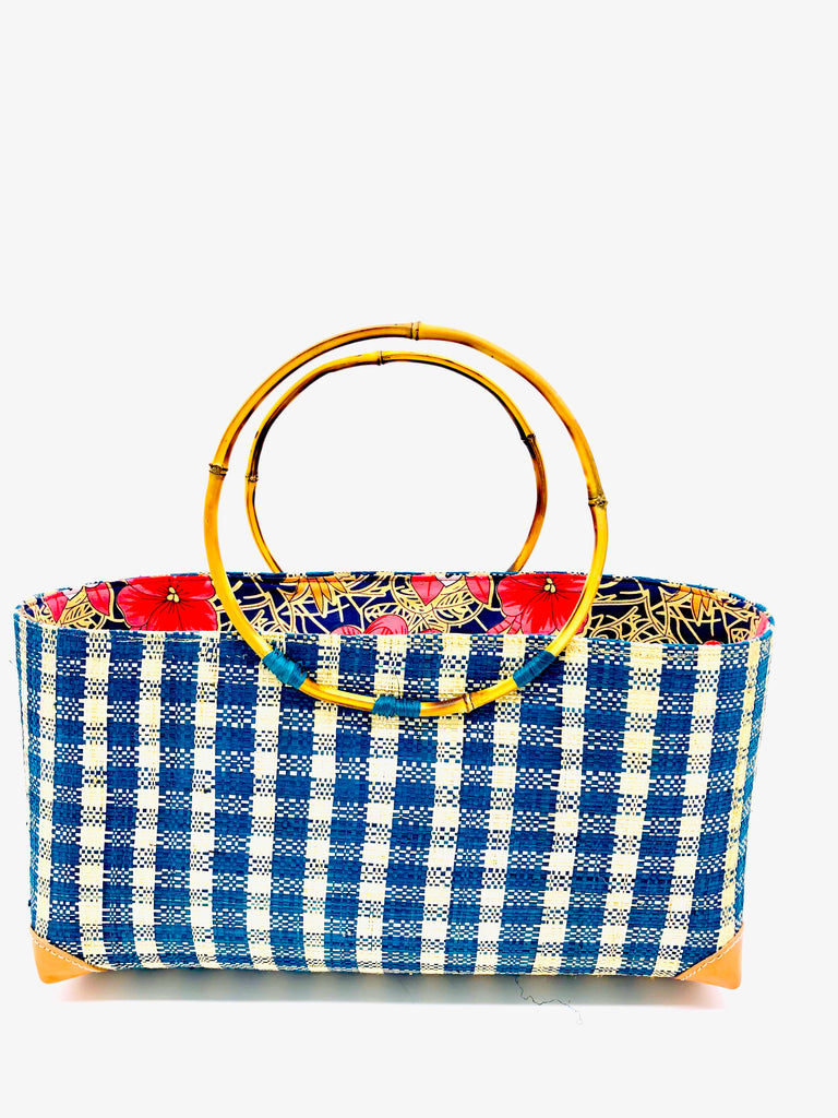 Bebe turquoise/blue and natural small gingham plaid pattern multicolor raffia straw handbag purse African print fabric bamboo handles - Shebobo