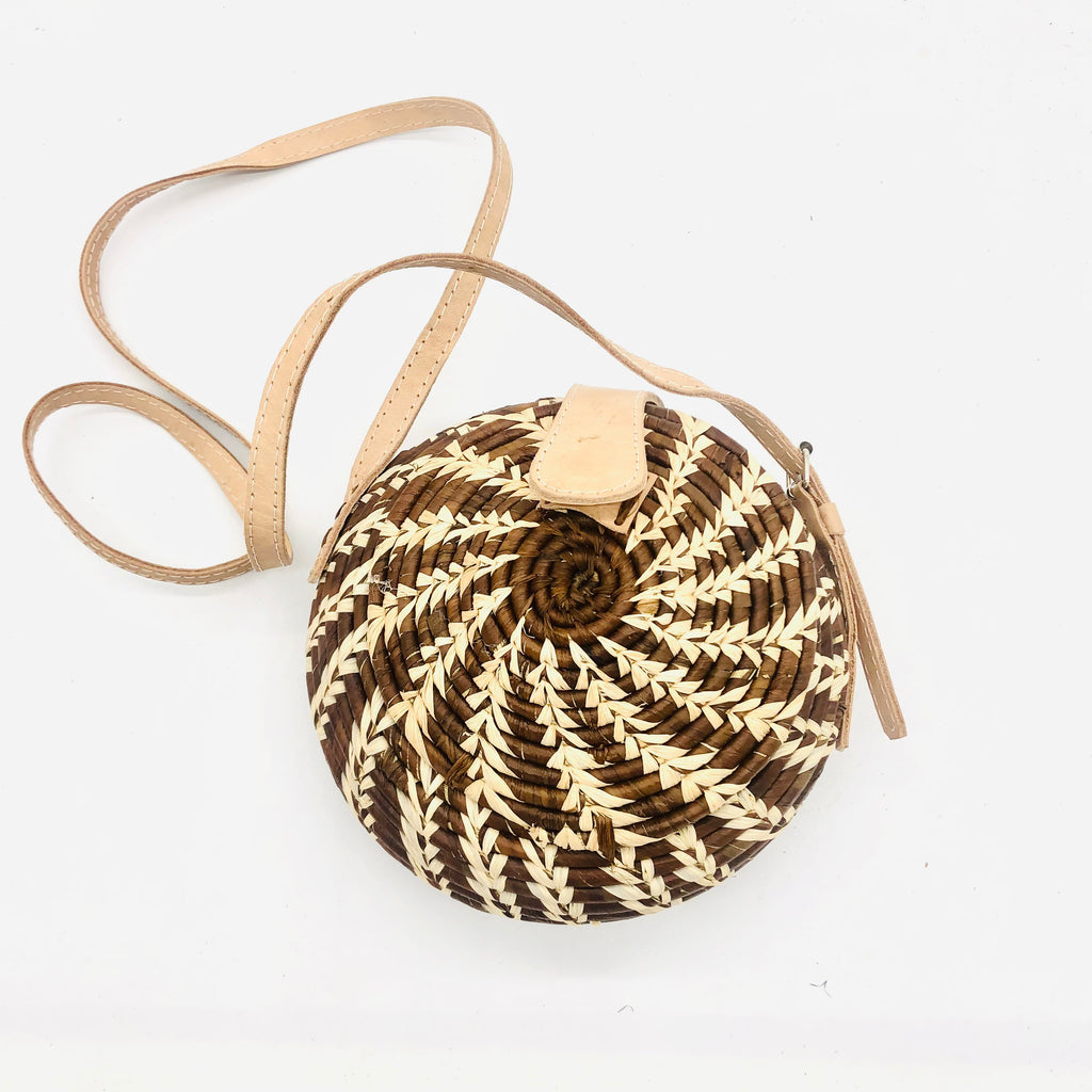 Clamshell two tone chocolate/dark brown with natural contrasting stitching pattern round raffia straw handmade crossbody bag purse with leather adjustable strap - Shebobo