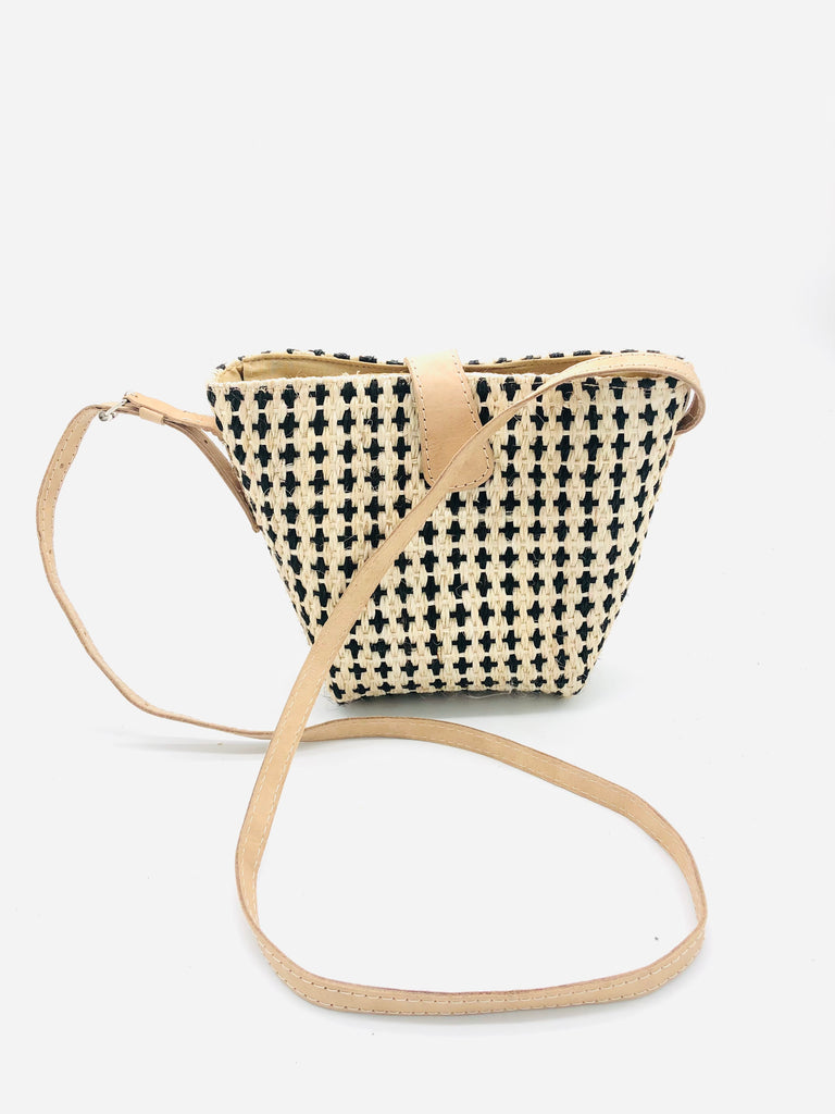 Dana Check Sisal Crossbody Bag handmade woven sisal fibers in a cross/check pattern two tone natural and black with adjustable leather shoulder strap purse - Shebobo