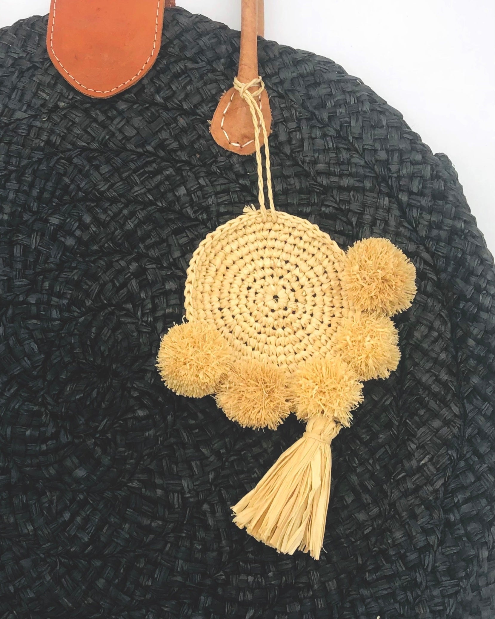 Bag Charm Embellishment - handmade dreamcatcher pompom raffia poufs and tuft tassel handbag personalization in natural straw color boho decor - Shebobo