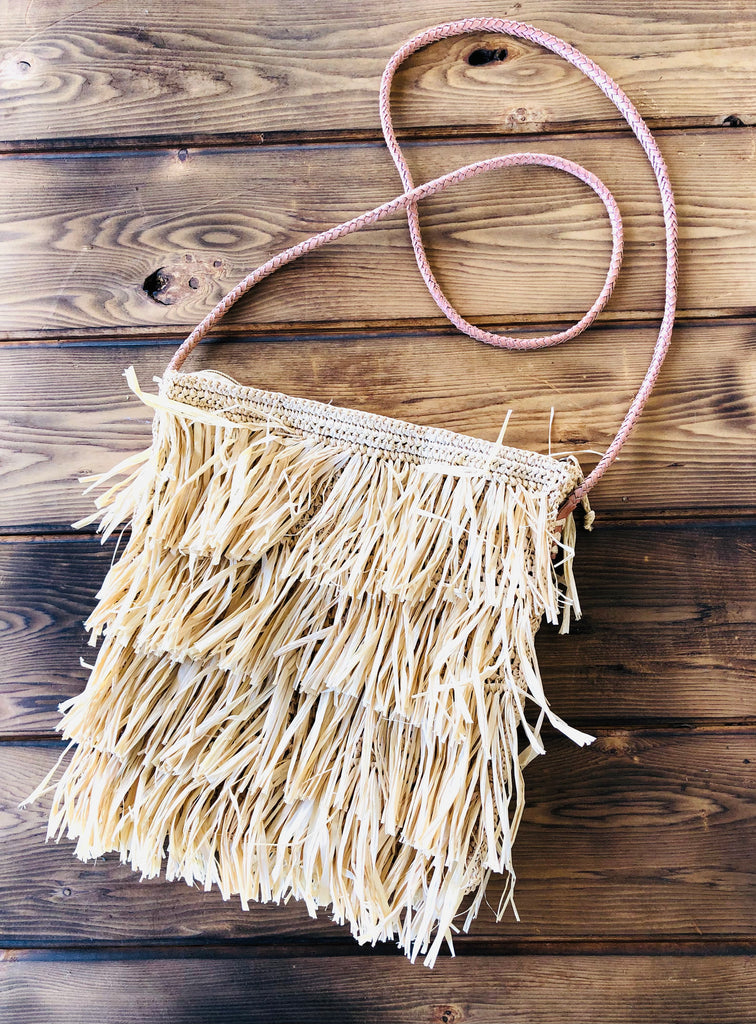 Frou Frou Fringe Natural colored Straw crossbody bag layers of raffia fringe handmade crochet purse with leather braided strap - Shebobo