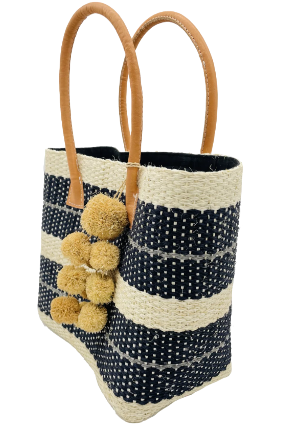 Side view Imperial sisal basket natural straw color, black, and grey horizontal multi-width stripe pattern handmade woven natural sisal fiber basket bag with raffia waterfall pompom charm embellishment handbag - Shebobo