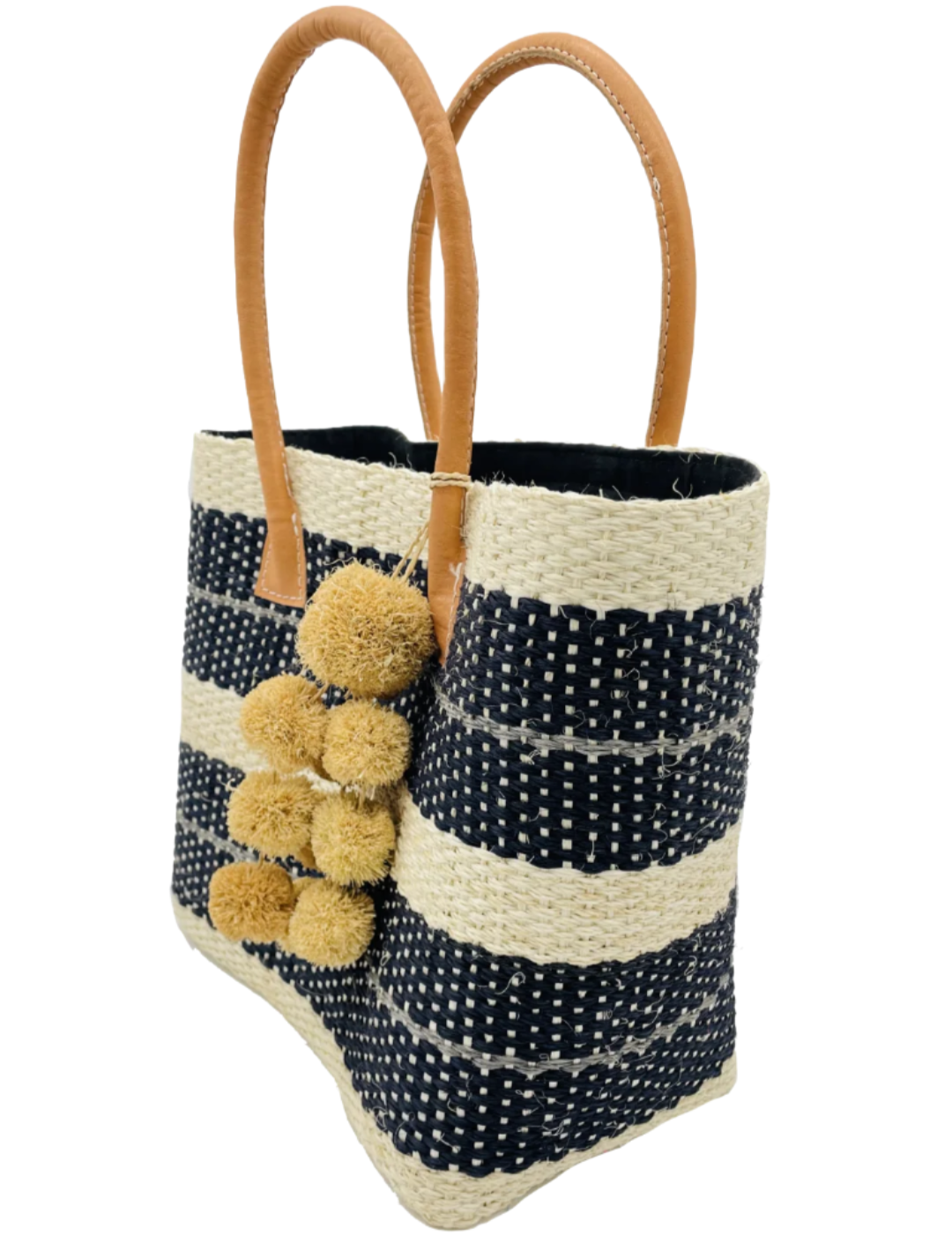 Side view Imperial sisal basket natural straw color, black, and grey horizontal multi-width stripe pattern handmade woven natural sisal fiber basket bag with raffia waterfall pompom charm embellishment handbag - Shebobo