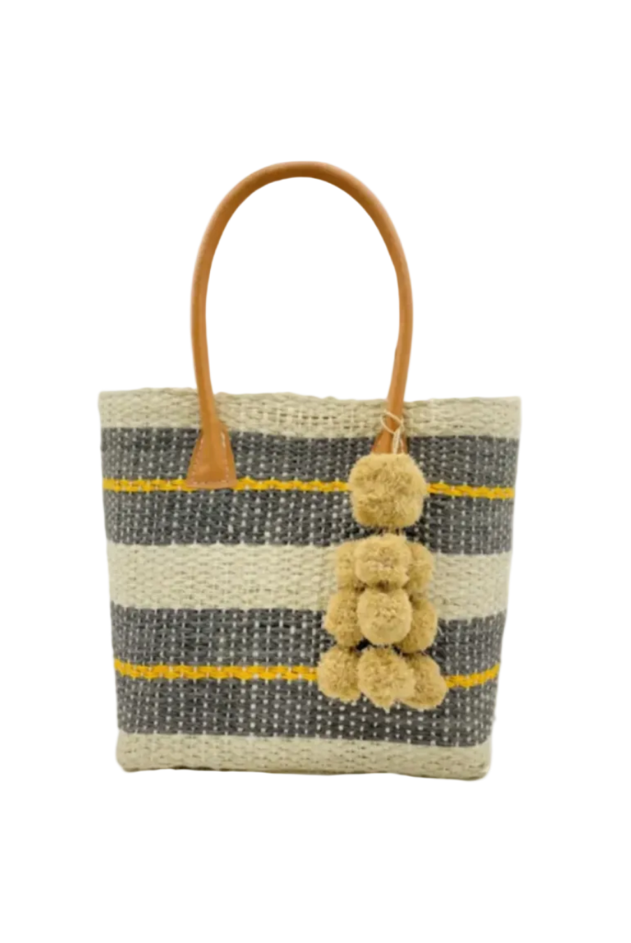 Imperial Handbag natural sisal fiber in natural straw color, grey, and saffron yellow horizontal multi-width stripe pattern handmade woven basket with raffia waterfall pompom charm embellishment - Shebobo