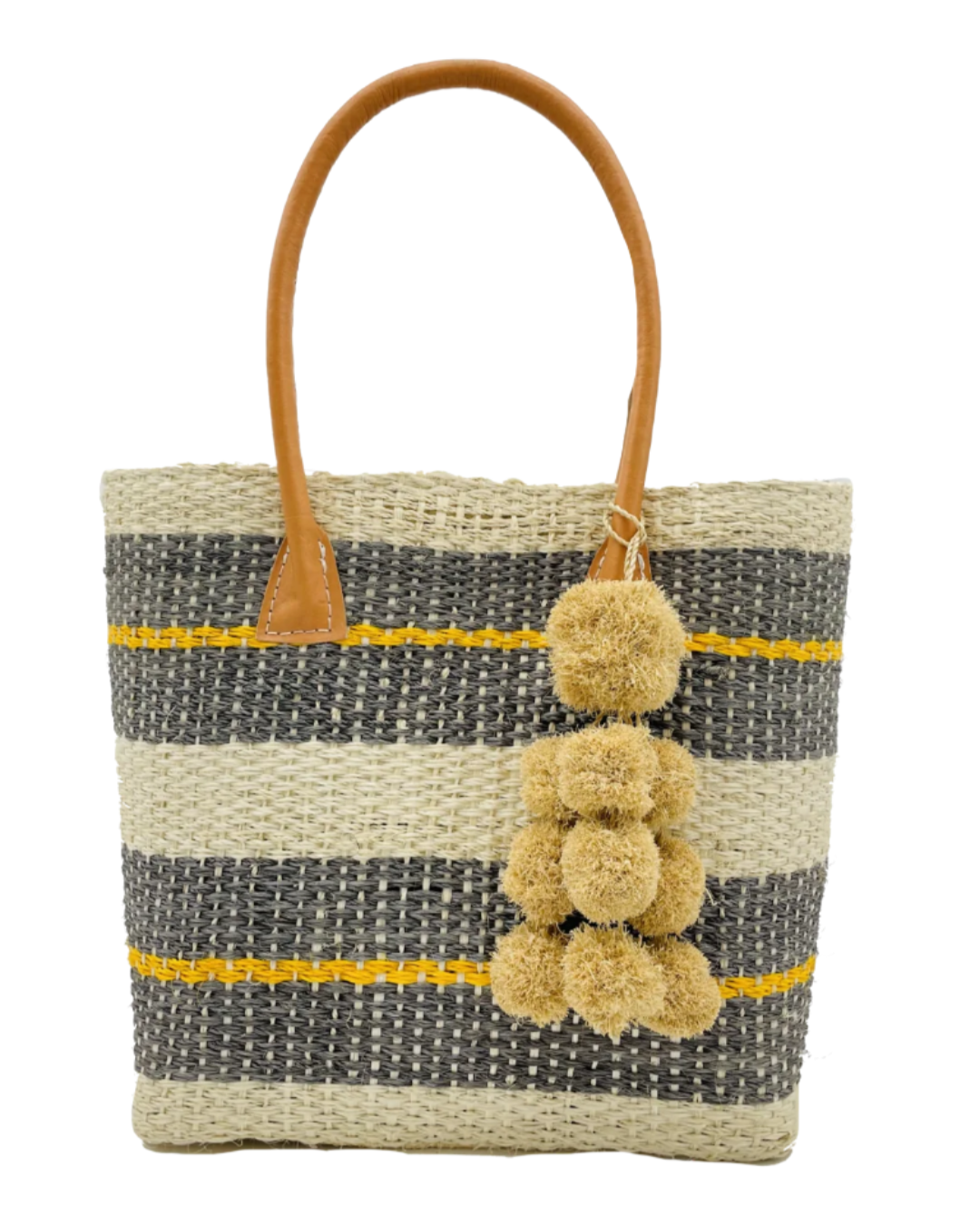 Imperial Handbag natural sisal fiber in natural straw color, grey, and saffron yellow horizontal multi-width stripe pattern handmade woven basket with raffia waterfall pompom charm embellishment - Shebobo