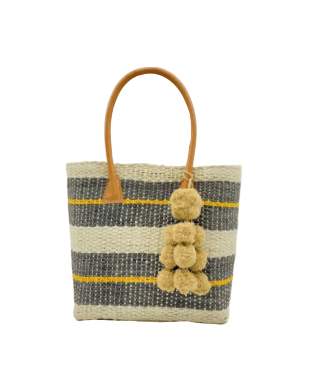 Imperial Handbag natural sisal fiber in natural straw color, grey, and saffron yellow horizontal multi-width stripe pattern handmade woven basket with raffia waterfall pompom charm embellishment - Shebobo