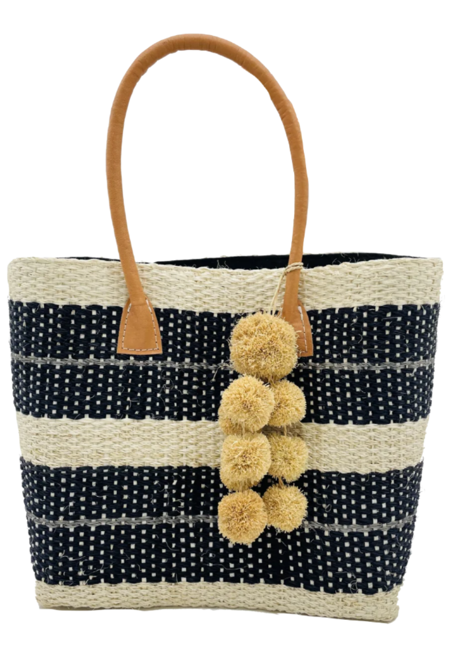 Imperial sisal basket natural straw color, black, and grey horizontal multi-width stripe pattern handmade woven natural sisal fiber basket bag with raffia waterfall pompom charm embellishment handbag - Shebobo