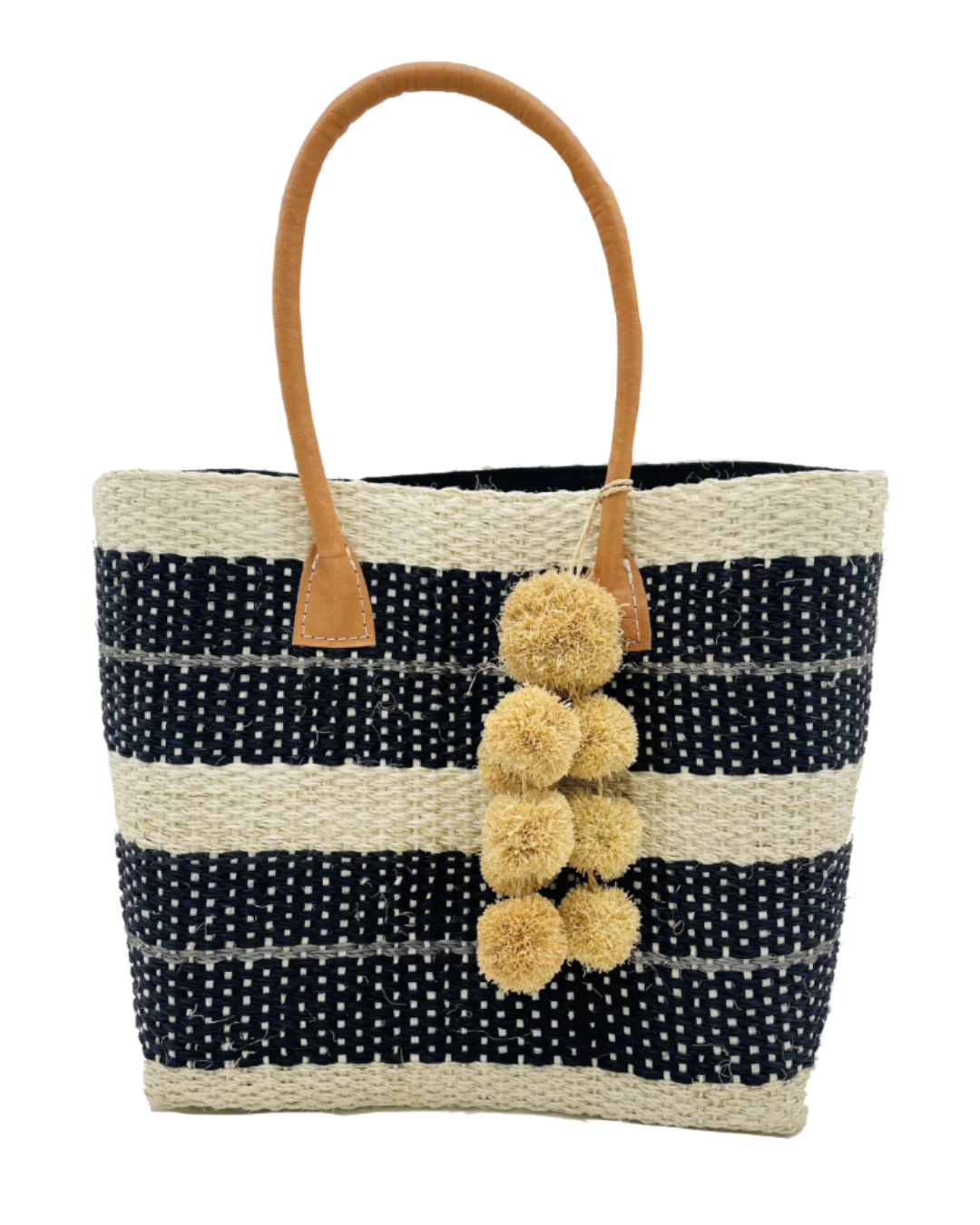 Imperial sisal basket natural straw color, black, and grey horizontal multi-width stripe pattern handmade woven natural sisal fiber basket bag with raffia waterfall pompom charm embellishment handbag - Shebobo