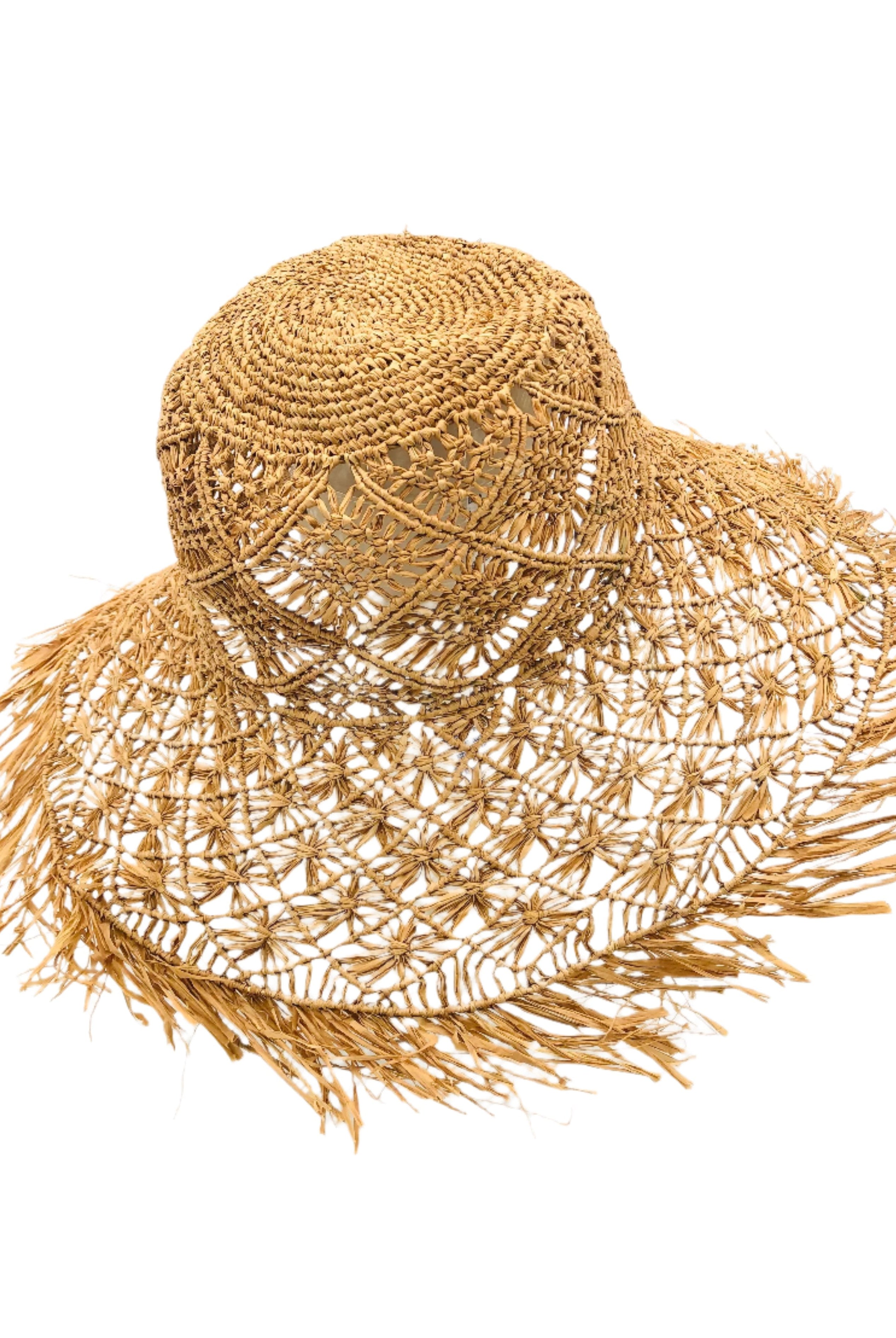 Karin Crochet & Macrame Natural Raffia Knotted Straw Sun Hat Lightweight Breathable with Fringe Edge geometric star or sunburst design brim and geometric knotted diamond pattern top - Shebobo