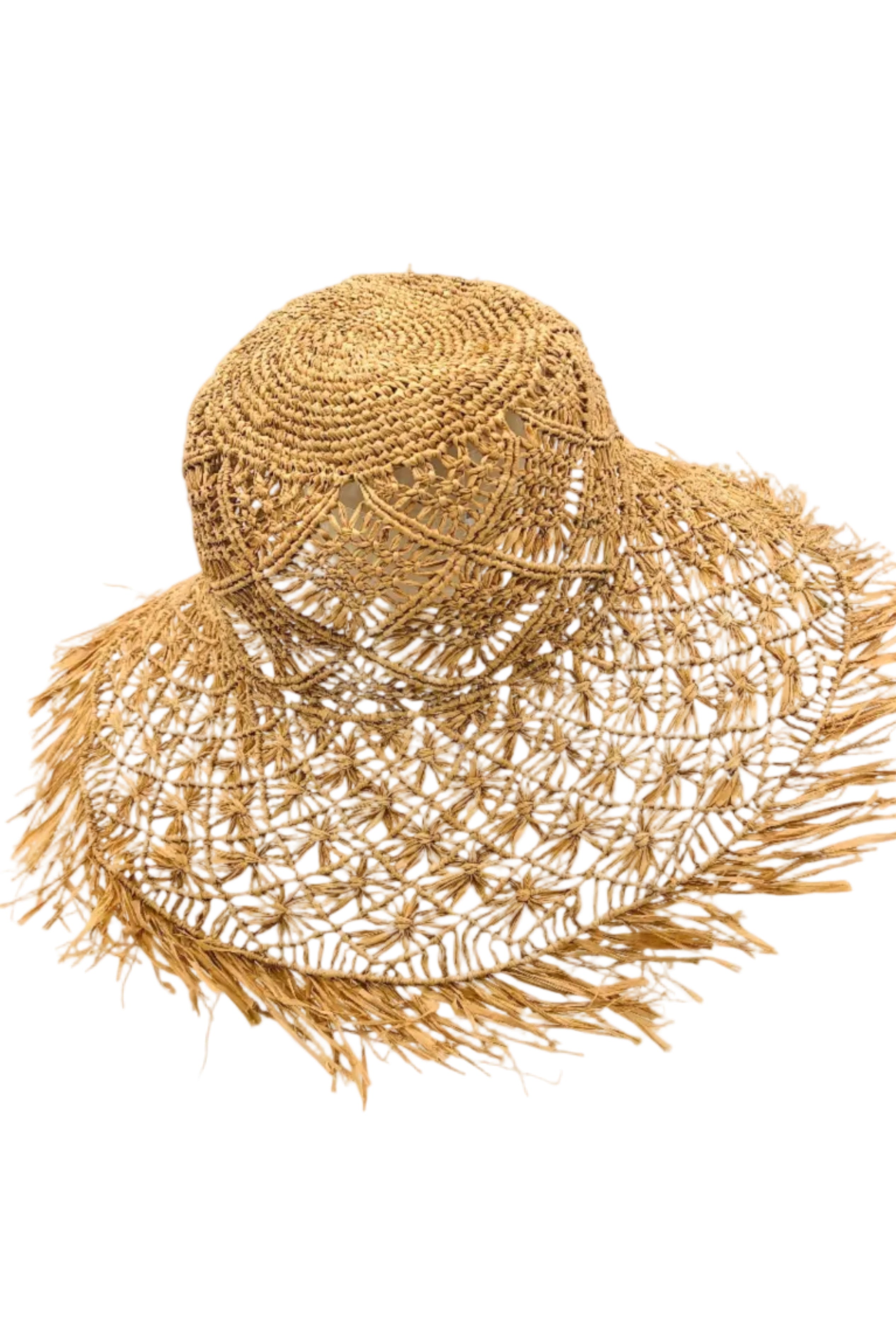Karin Crochet & Macrame Natural Raffia Knotted Straw Sun Hat Lightweight Breathable with Fringe Edge geometric star or sunburst design brim and geometric knotted diamond pattern top - Shebobo