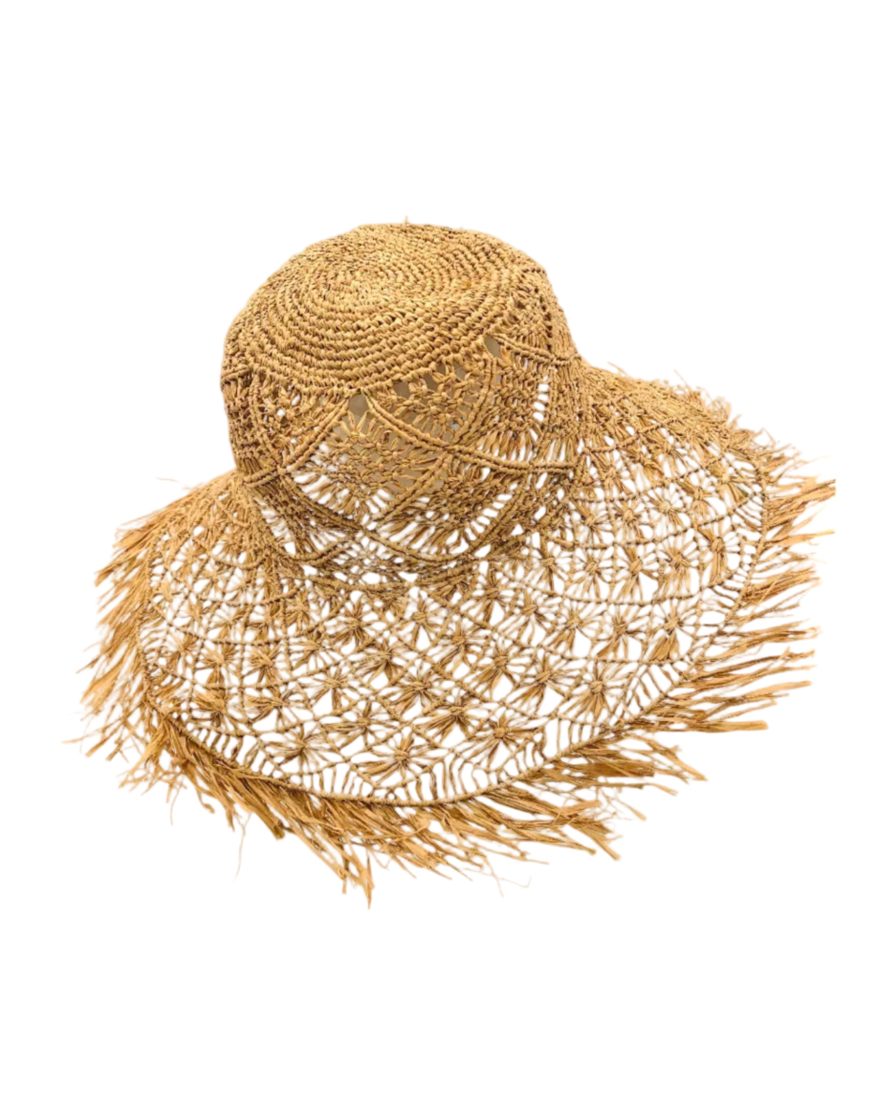 Karin Crochet & Macrame Natural Raffia Knotted Straw Sun Hat Lightweight Breathable with Fringe Edge geometric star or sunburst design brim and geometric knotted diamond pattern top - Shebobo