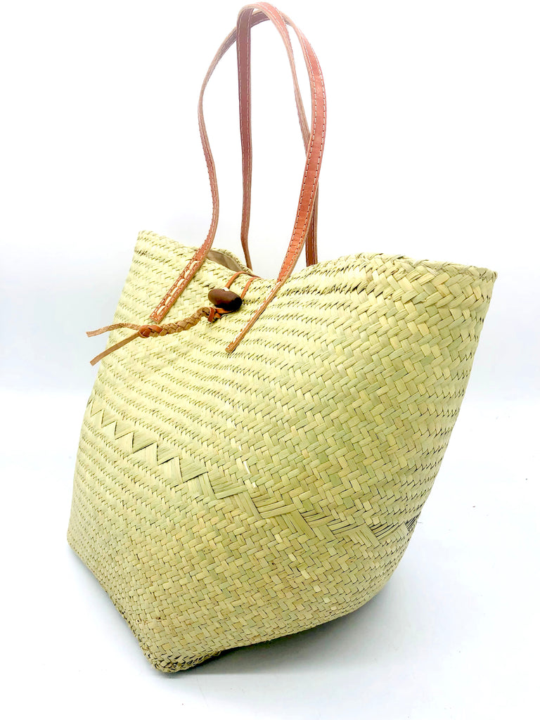 Kendall Woven Straw Basket side view handbag with leather handles cute reusable natural beach bag shopping tote - Shebobo