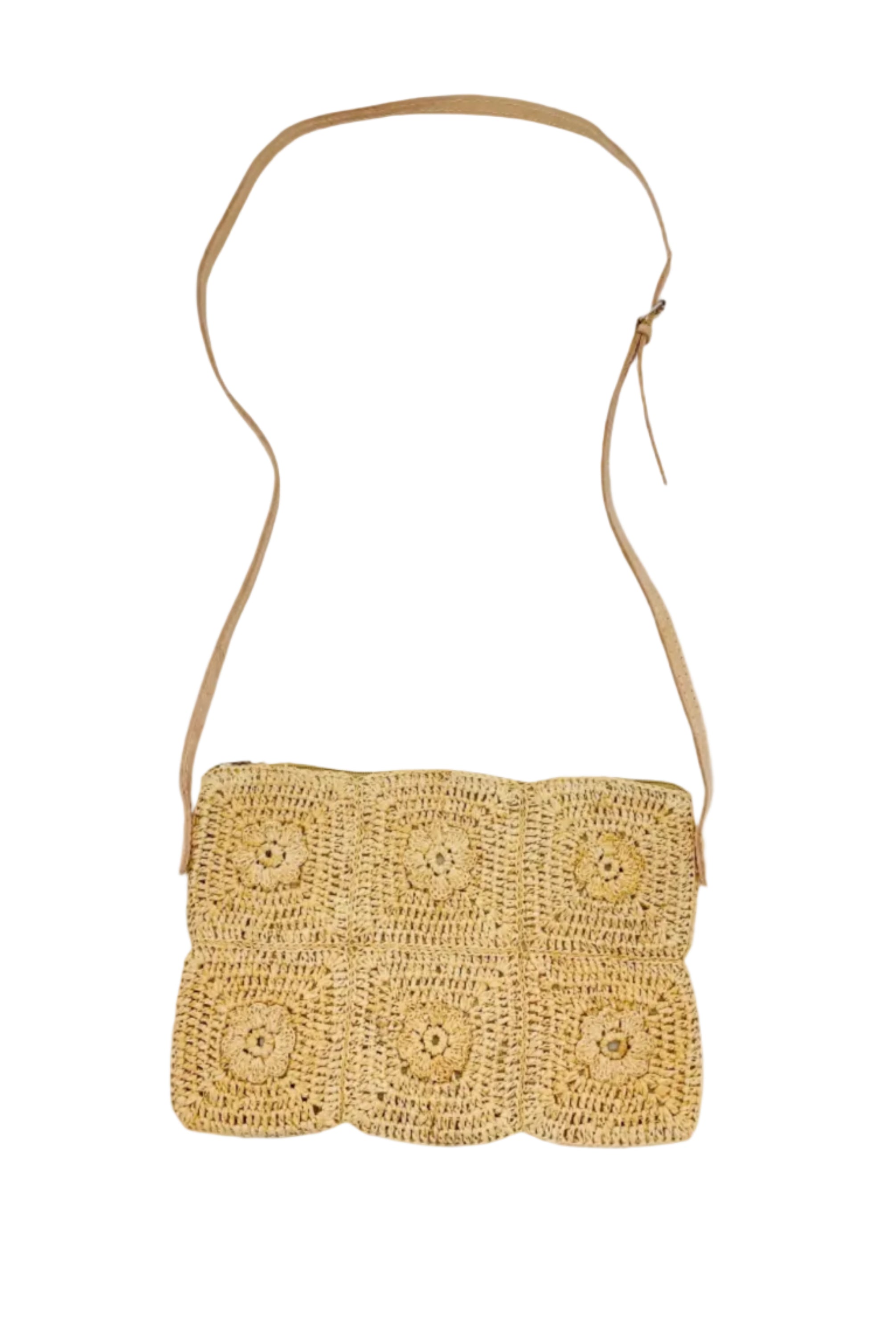 Mimi handmade crochet granny square geometric square and floral pattern natural crochet crossbody bag straw purse with leather strap - Shebobo