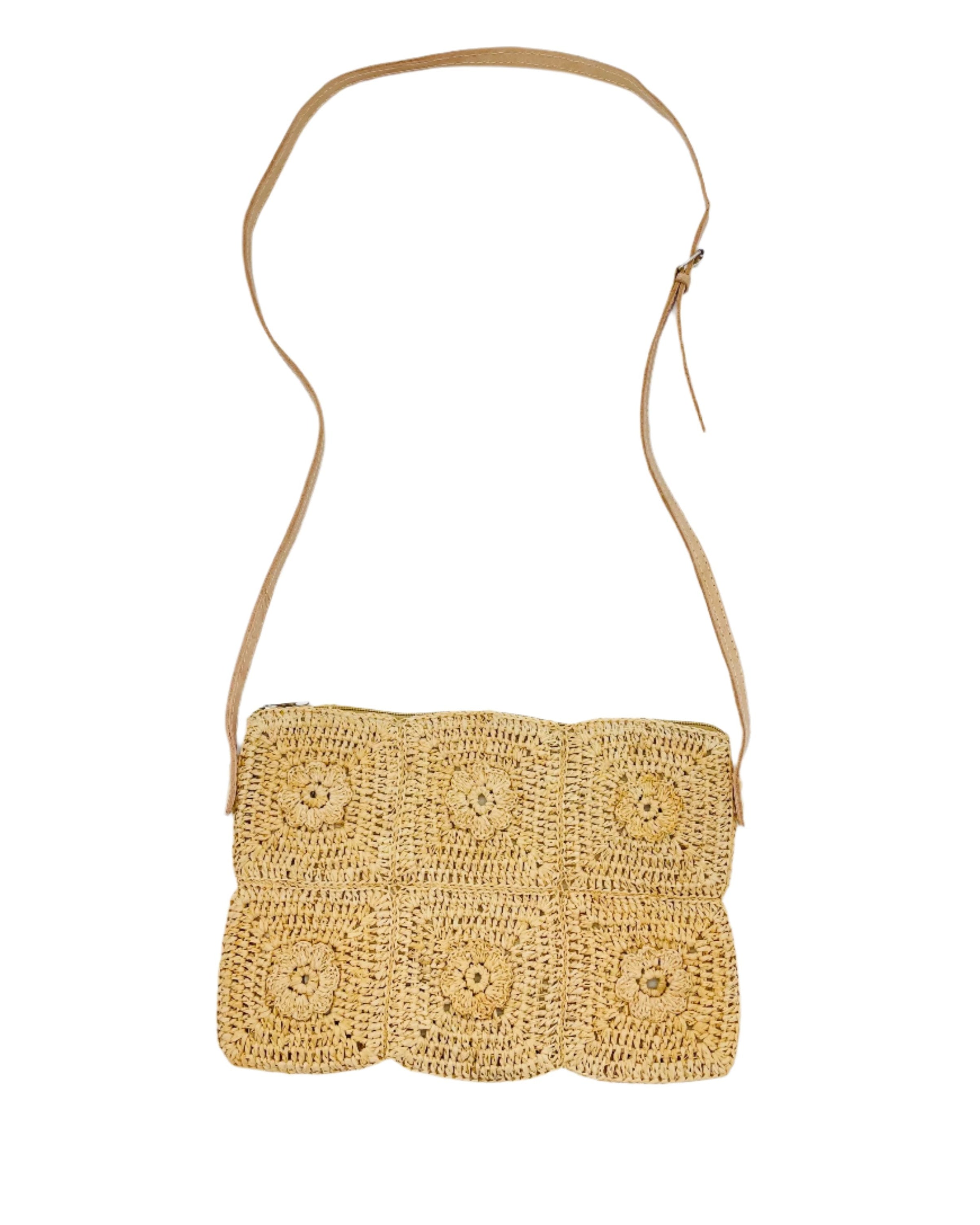 Mimi handmade crochet granny square geometric square and floral pattern natural crochet crossbody bag straw purse with leather strap - Shebobo