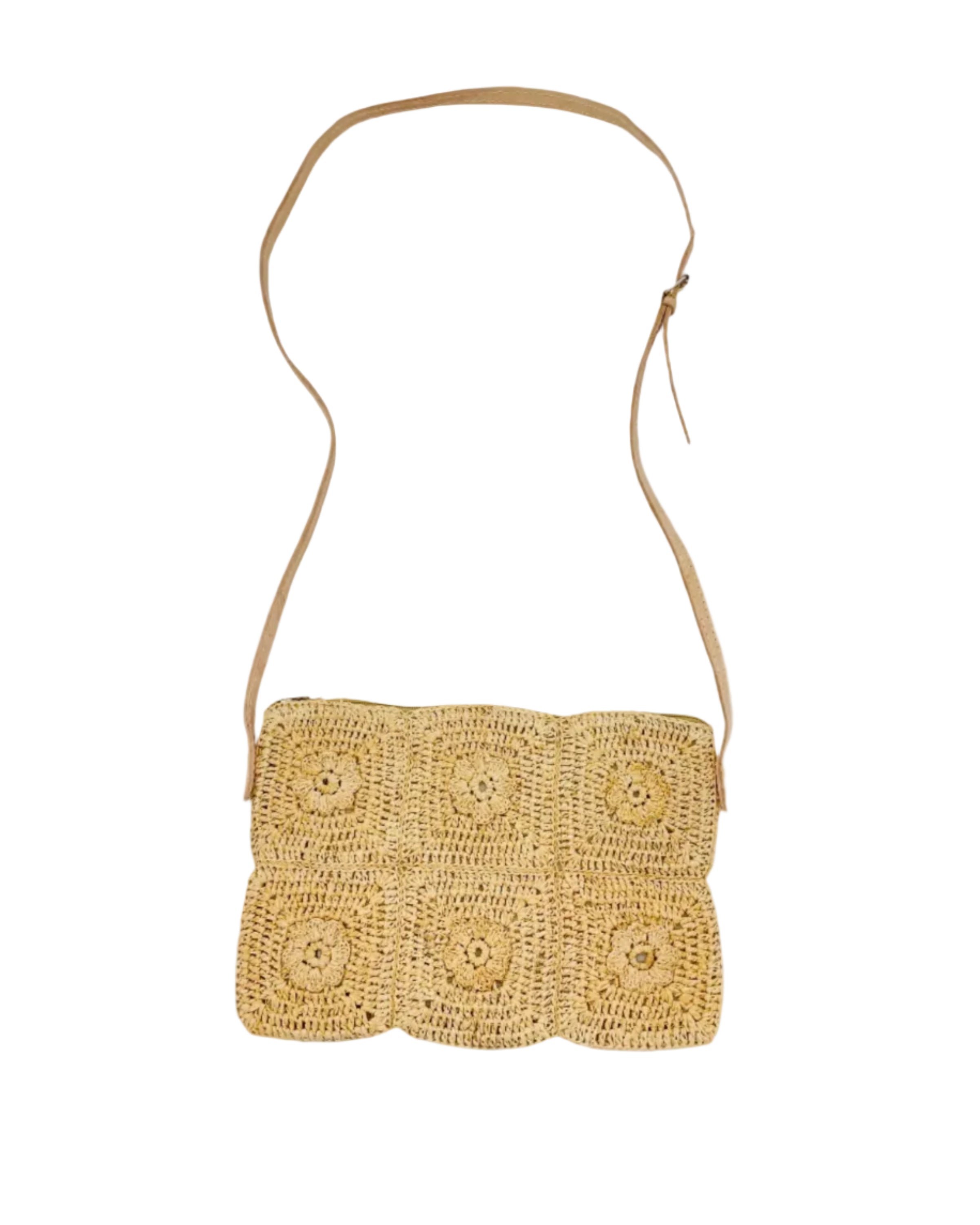 Mimi handmade crochet granny square geometric square and floral pattern natural crochet crossbody bag straw purse with leather strap - Shebobo