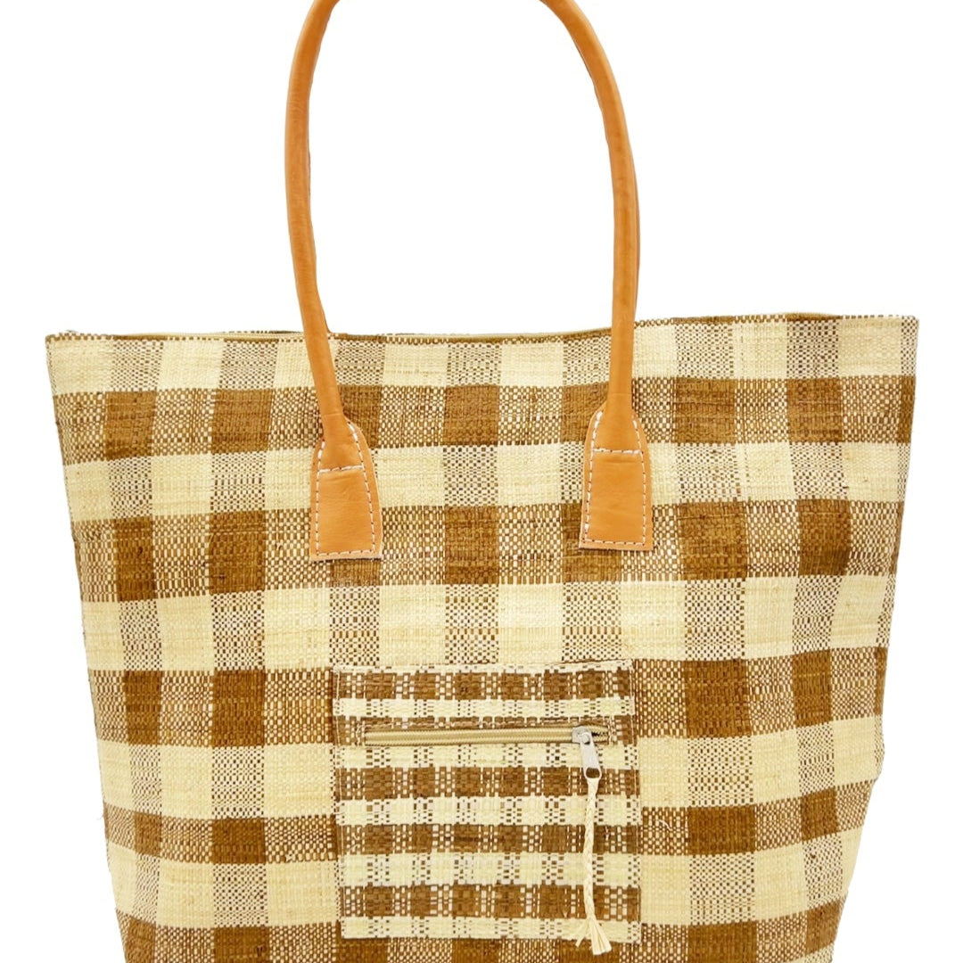 Nador Gingham Zippered Straw Bag handmade loomed raffia cinnamon/tobacco/brown and natural plaid pattern tote bag shopping bag packs flat handbag with leather handles, zipper closure, and extra pockets purse - Shebobo