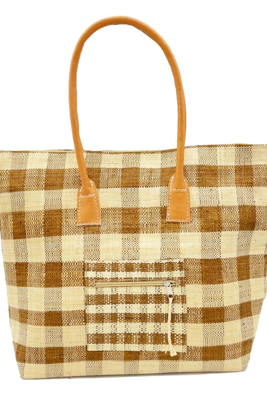 Nador Gingham Zippered Straw Bag handmade loomed raffia cinnamon/tobacco/brown and natural plaid pattern tote bag shopping bag packs flat handbag with leather handles, zipper closure, and extra pockets purse - Shebobo