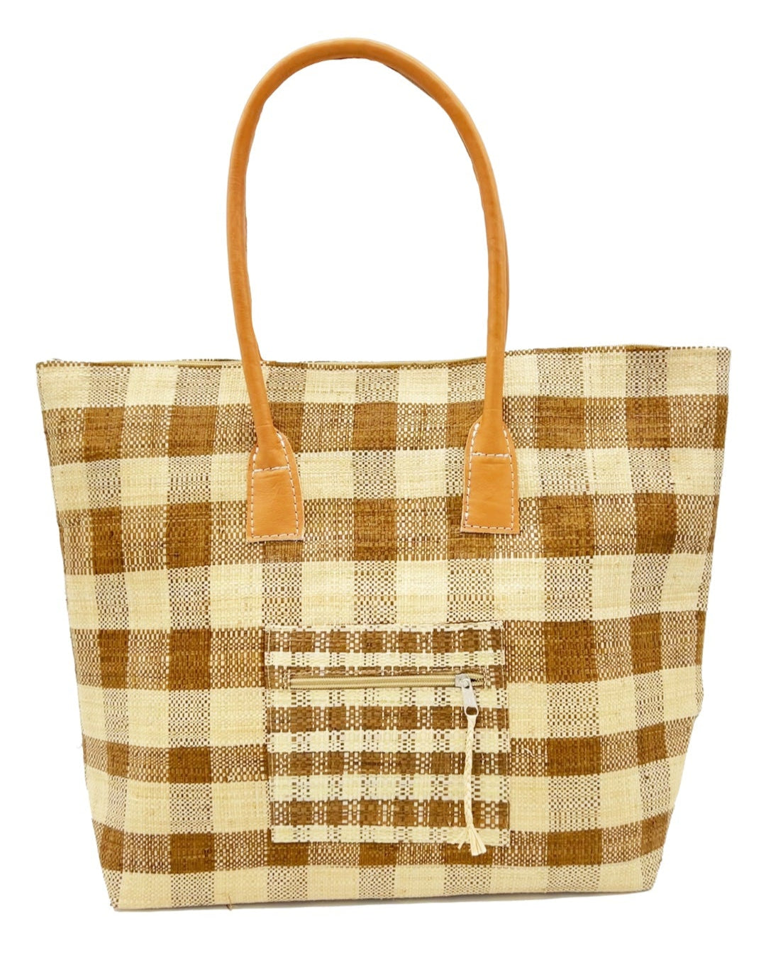 Nador Gingham Zippered Straw Bag handmade loomed raffia cinnamon/tobacco/brown and natural plaid pattern tote bag shopping bag packs flat handbag with leather handles, zipper closure, and extra pockets purse - Shebobo