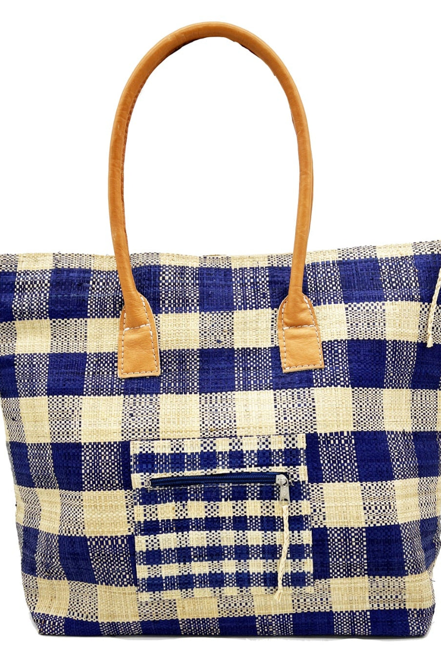 Nador Gingham Zippered Straw Bag handmade loomed raffia navy blue and natural plaid pattern tote bag shopping bag packs flat handbag with leather handles, zipper closure, and extra pockets purse - Shebobo