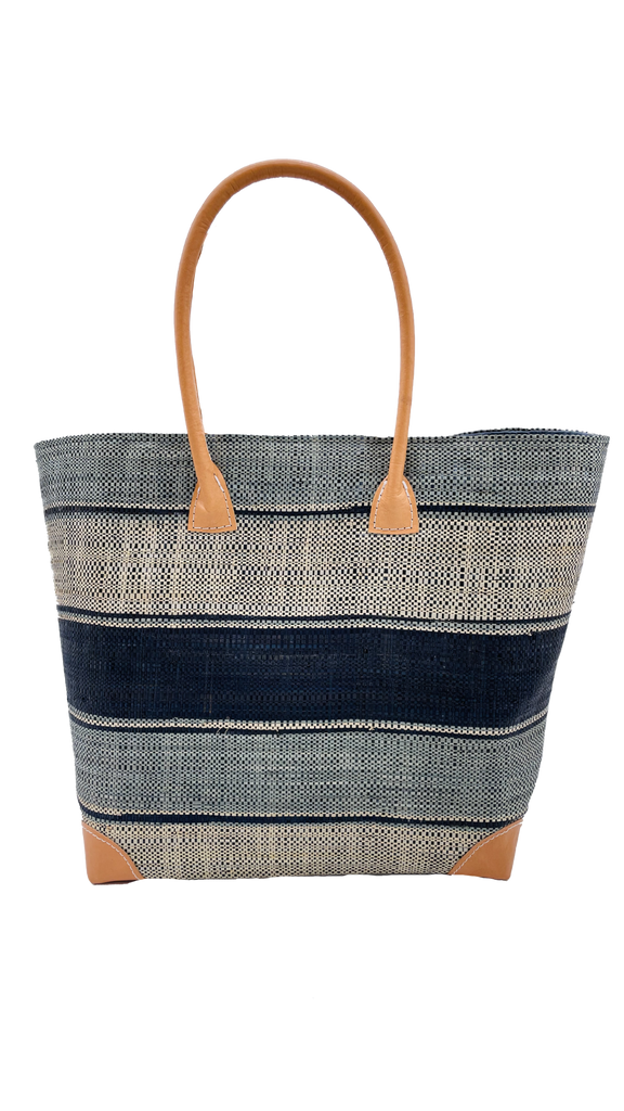 Rayo Straw Basket Bag in multiple widths of natural, grey, and black loomed raffia stripe pattern handbag tote - Shebobo
