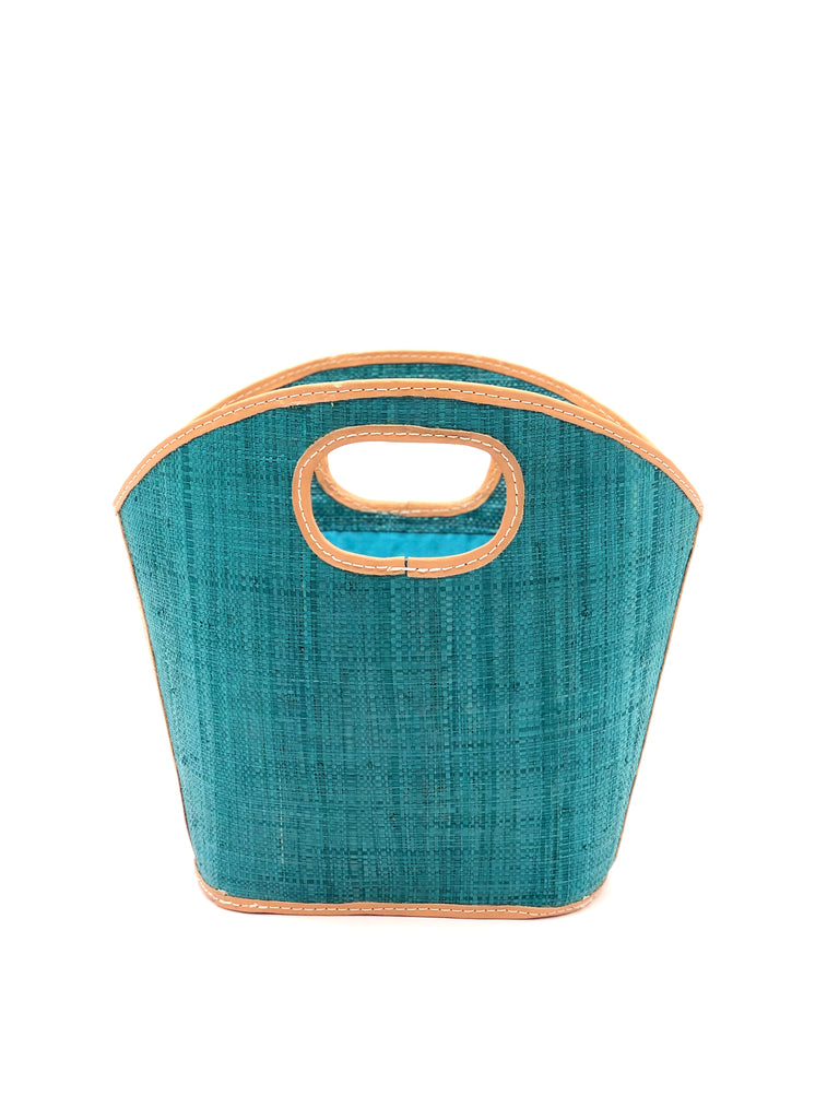 Ricky straw bucket handbag handmade from loomed raffia in emerald rich green/blue with leather finishes purse bag - Shebobo