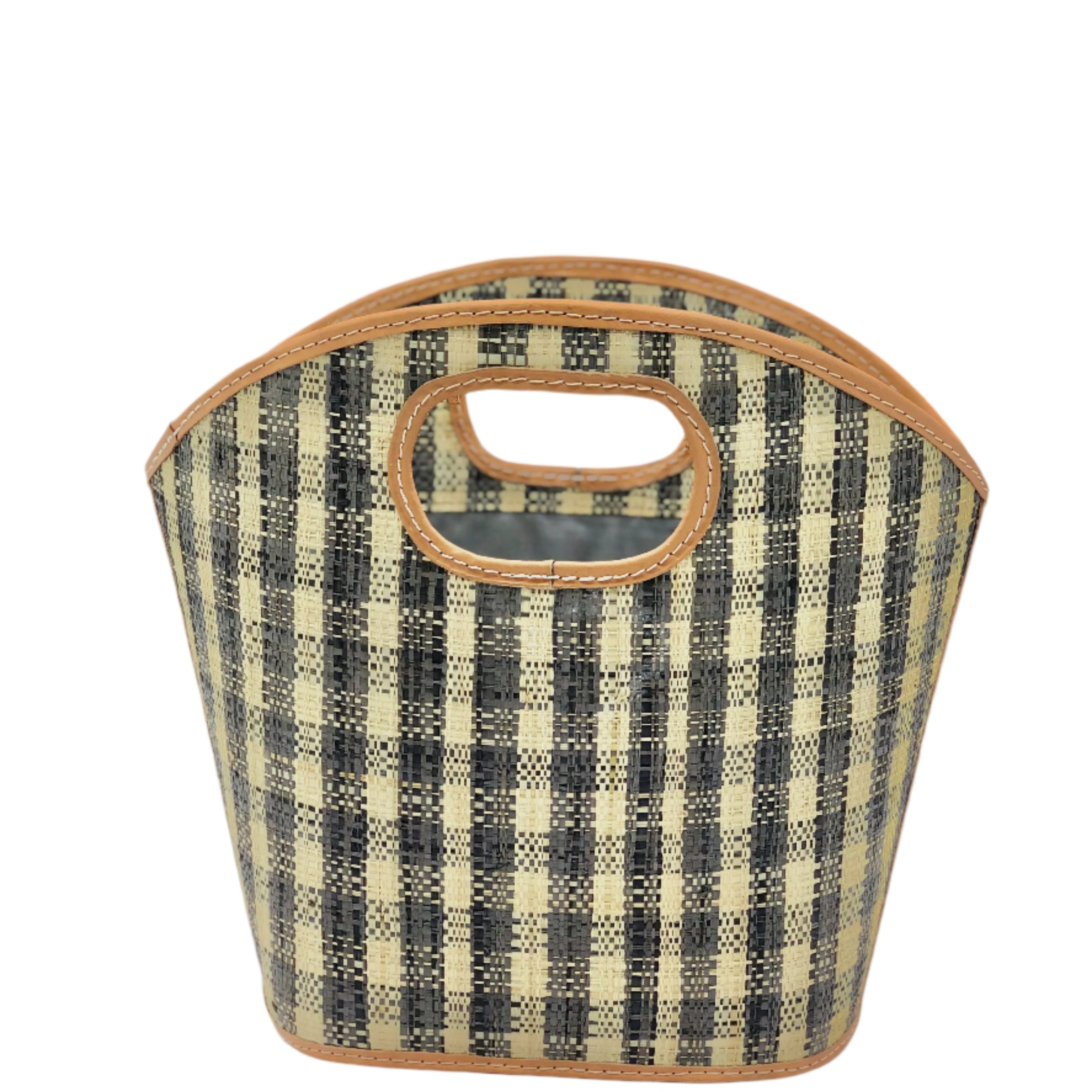 Ricky grey and natural straw color loomed raffia gingham pattern bucket shape handbag with leather accents purse bag - Shebobo
