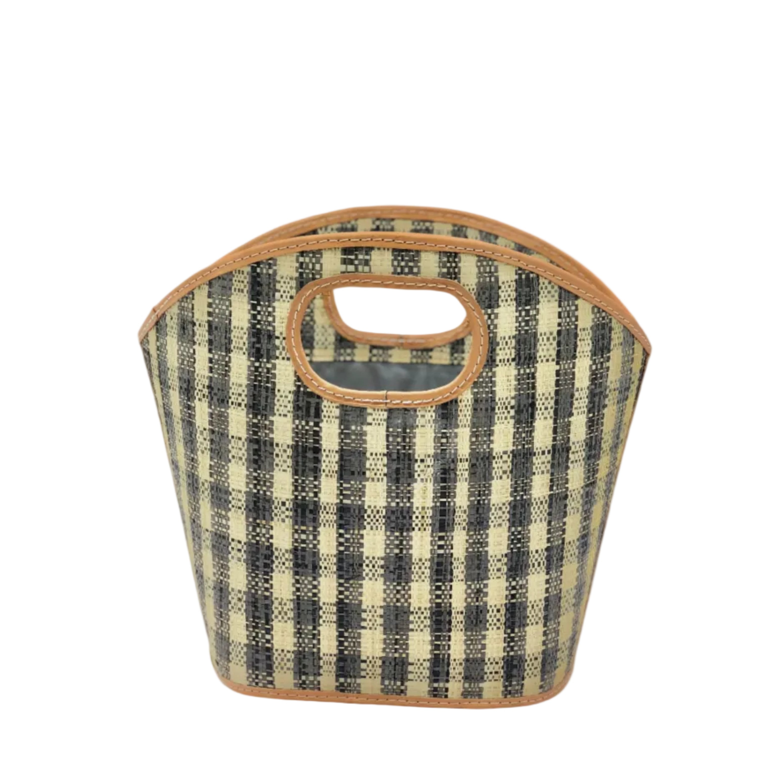 Ricky grey and natural straw color loomed raffia gingham pattern bucket shape handbag with leather accents purse bag - Shebobo