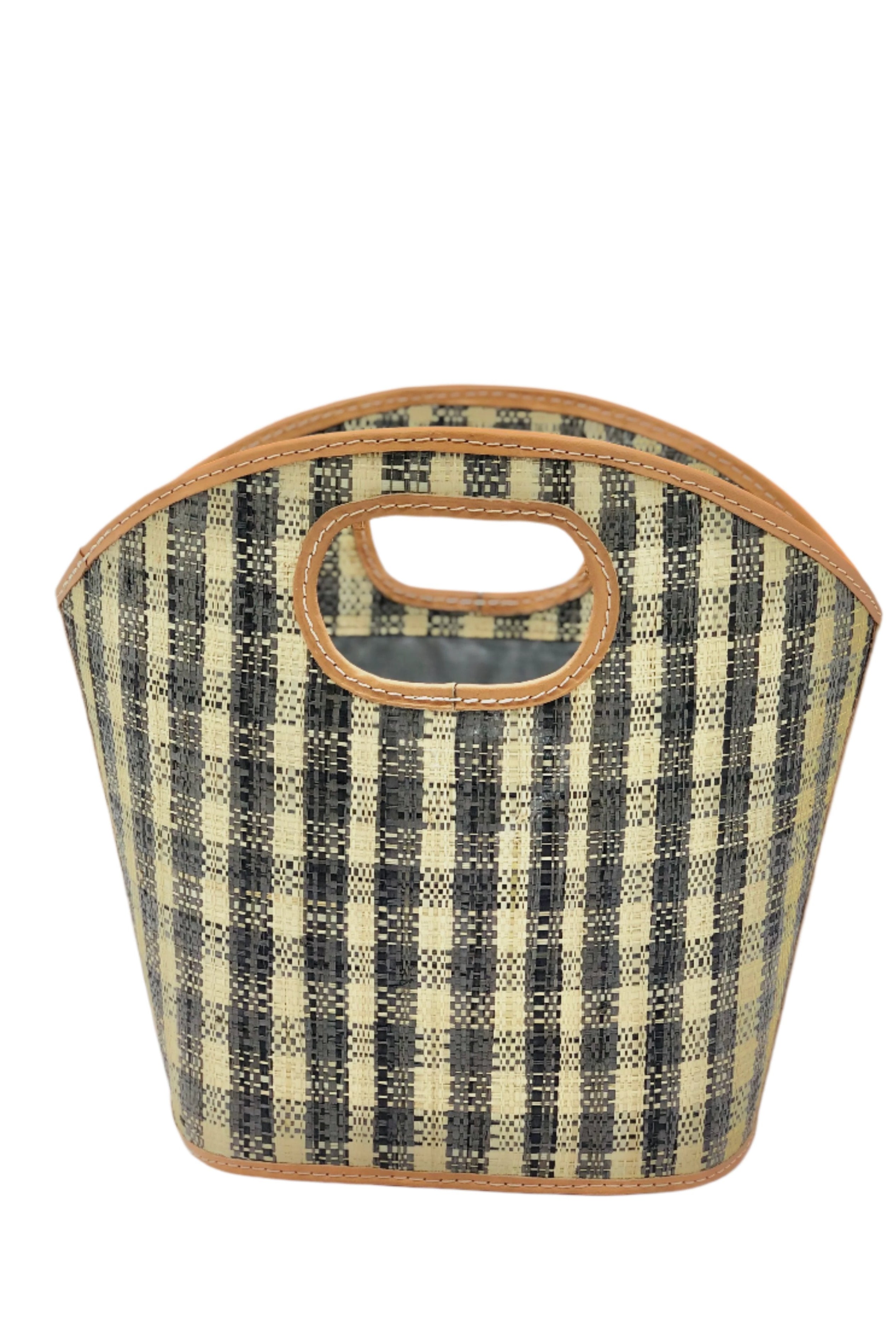 Ricky grey and natural straw color loomed raffia gingham pattern bucket shape handbag with leather accents purse bag - Shebobo