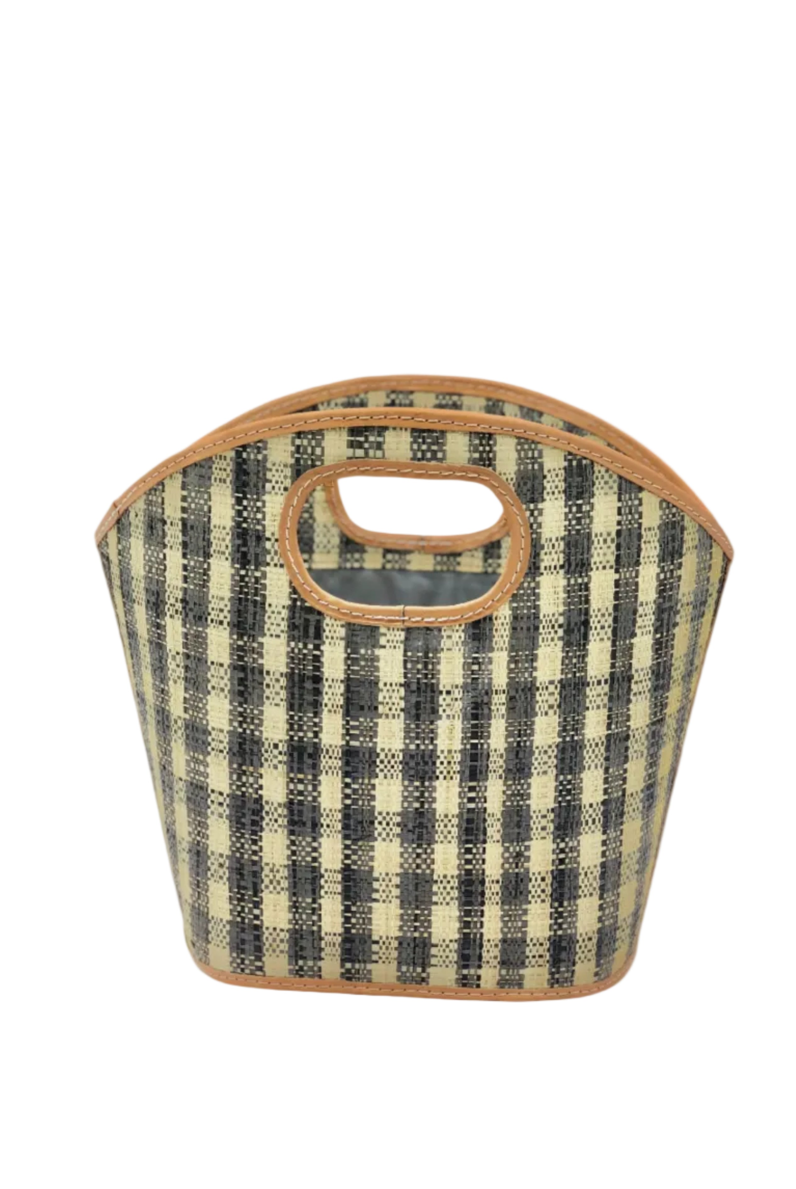 Ricky grey and natural straw color loomed raffia gingham pattern bucket shape handbag with leather accents purse bag - Shebobo