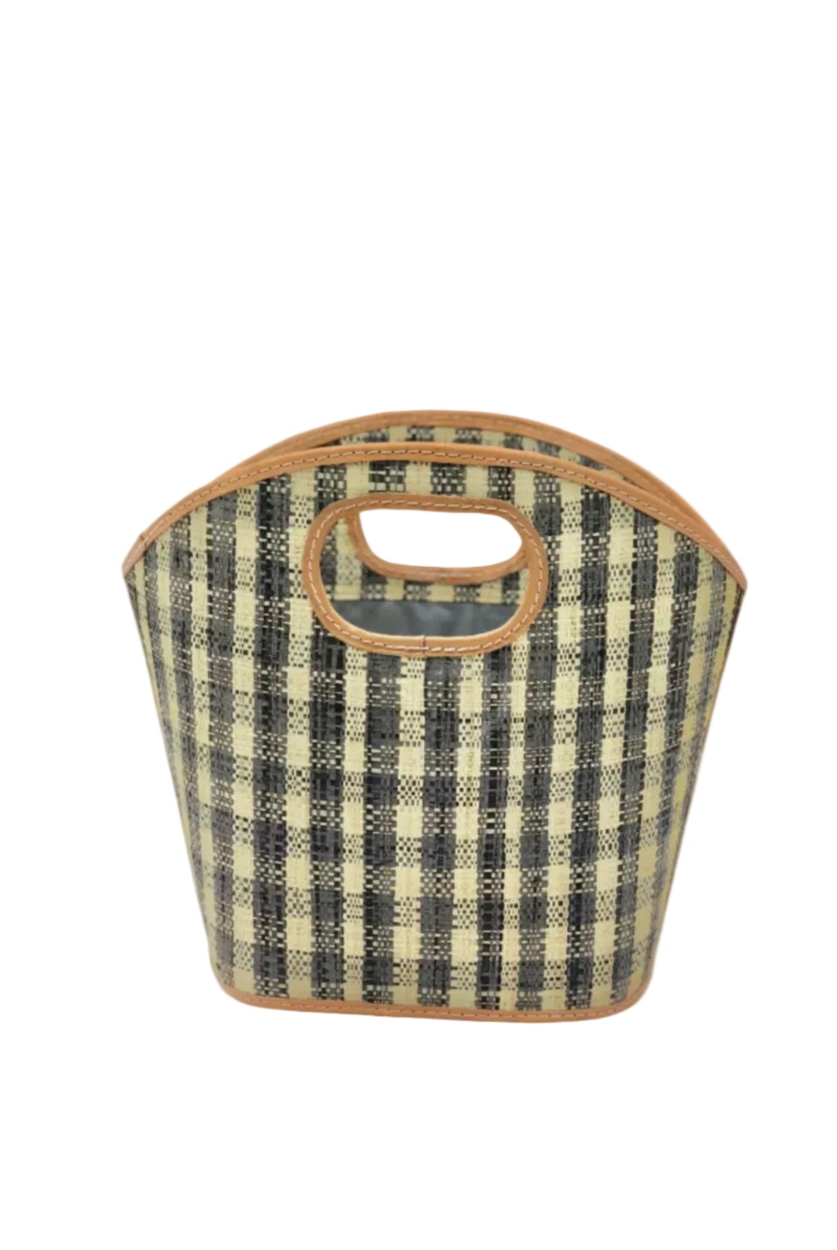 Ricky Straw Bucket Handbag handmade loomed raffia in grey and natural gingham plaid pattern with leather finishes purse - Shebobo