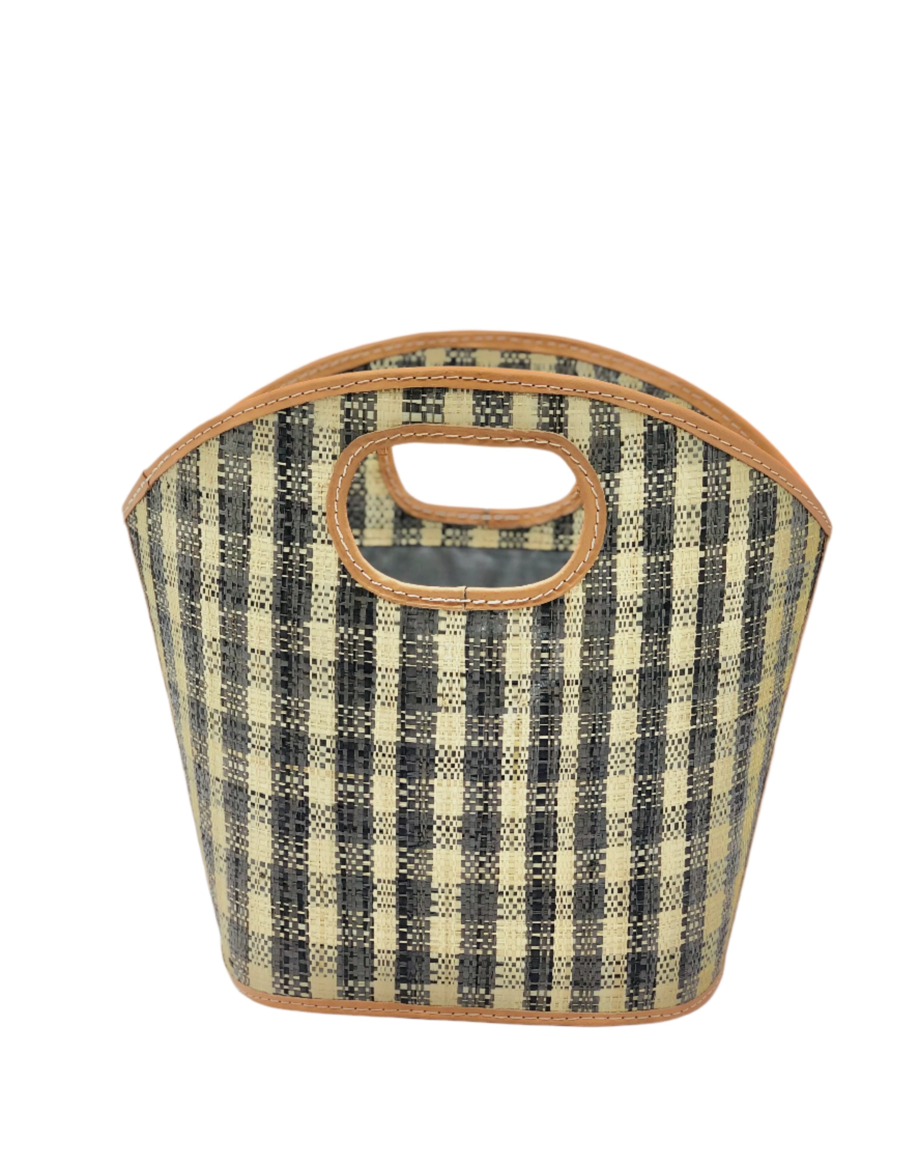 Ricky grey and natural straw color loomed raffia gingham pattern bucket shape handbag with leather accents purse bag - Shebobo